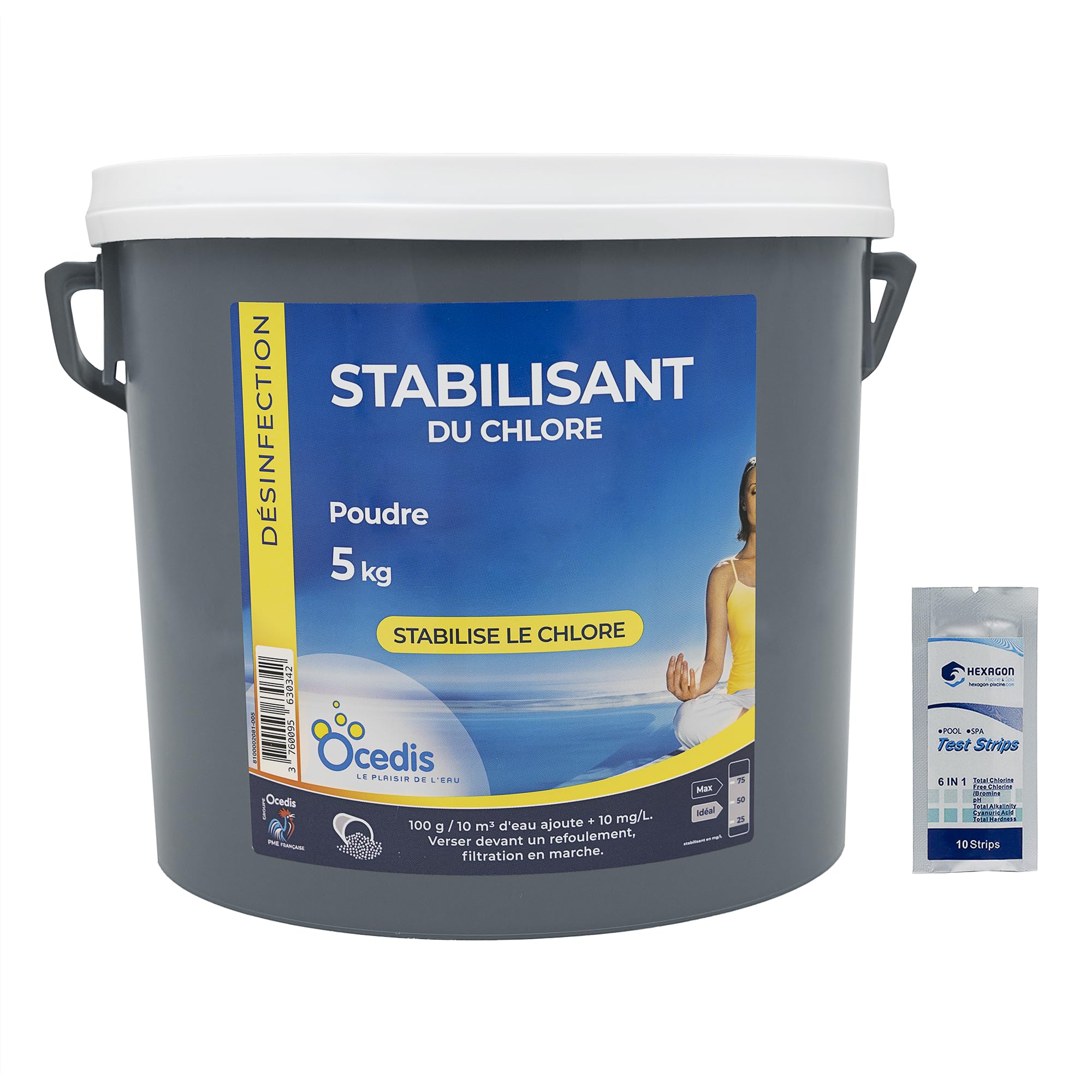 OCEDIS STABILISANT du Chlore Poudre - 5kg | Stabilisant - Stabilisateur du Chlore + 10 Tests HPS OFFERTS 6 en 1