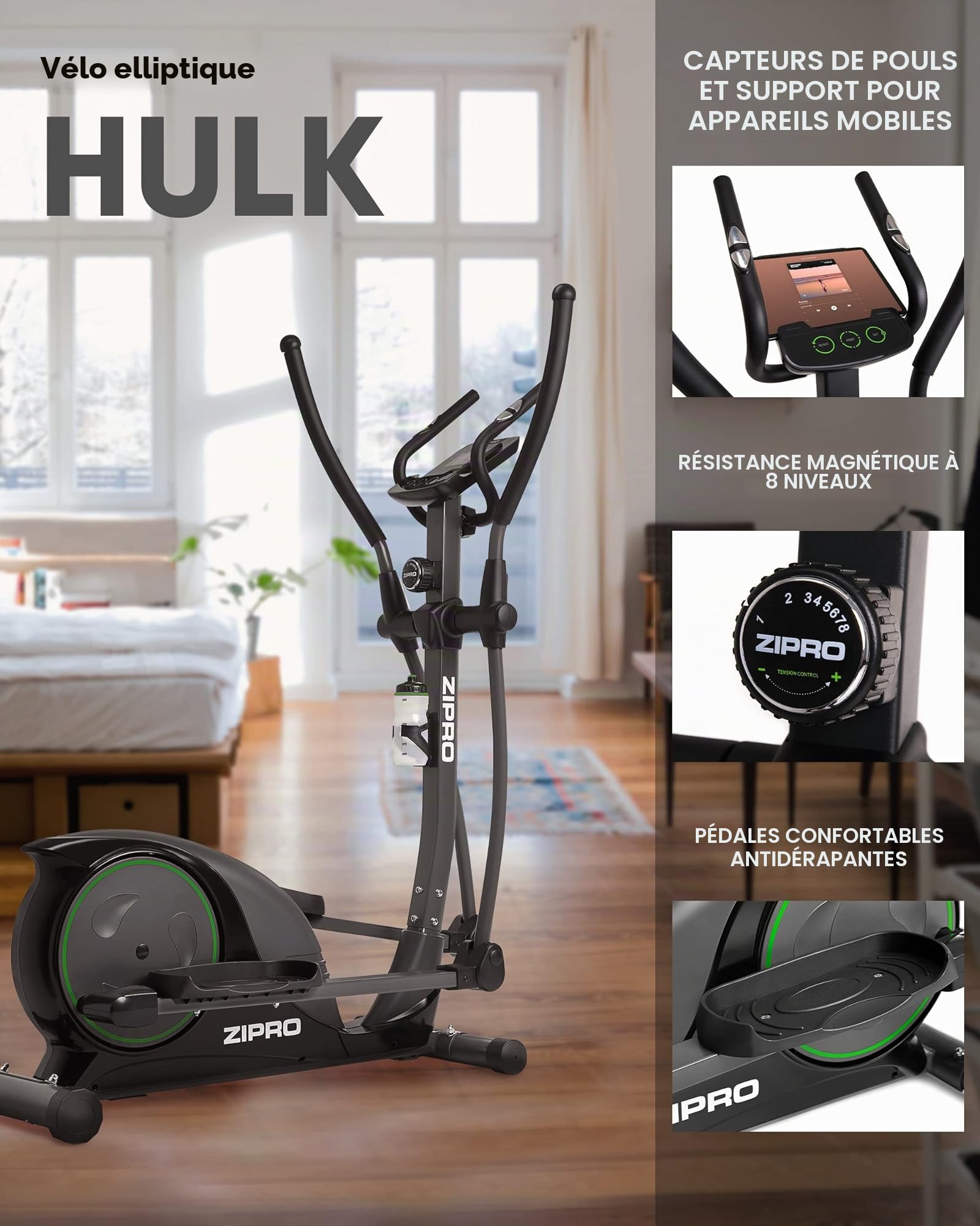 Zipro Crosstrainer Hulk, elliptique jusqu'à 150 kg, équipement d'entraînement Cardio à Domicile, Appareil de Fitness, Machines d'exercice, vélo elliptique, 8 Niveaux de résistance