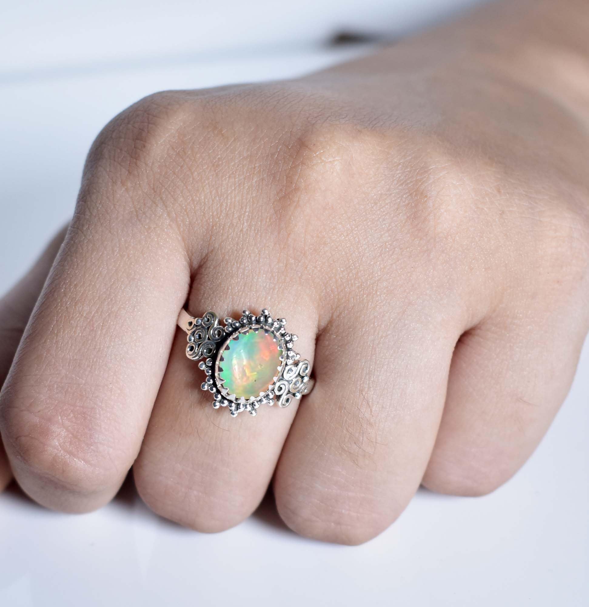 Anello in opale etiope multifuoco, in argento sterling 925, fatto a mano, con pietre preziose, per donna, anello in opale naturale, regalo per lei, taglia 6