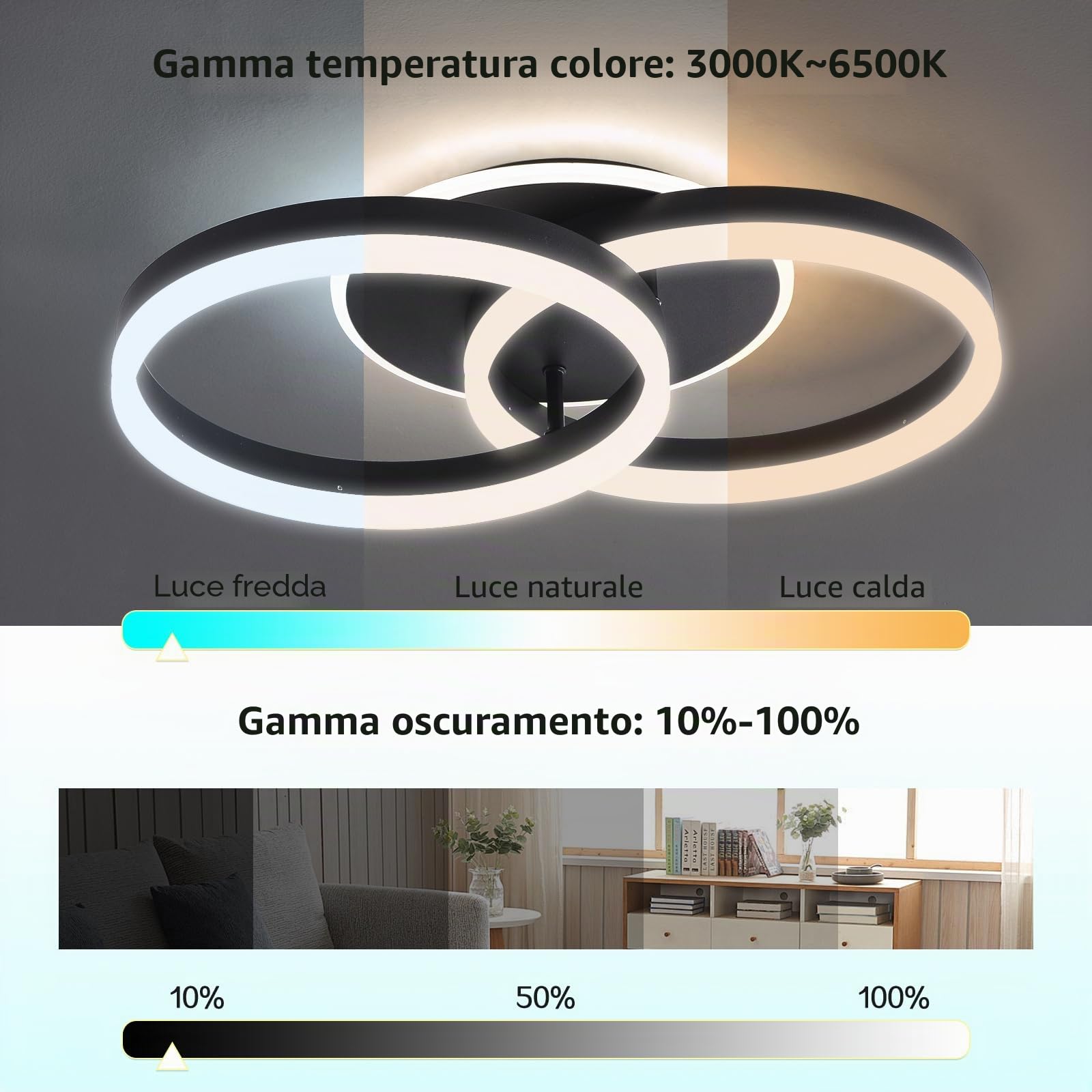 Smart Plafoniera LED Alexa, φ50 cm Design 2 Ring, Lampada da Soffitto 36W, Dimmerabile con Telecomando, Metallo+Acrilico, per Cucina, Camera da letto, Sala da Pranzo Nero