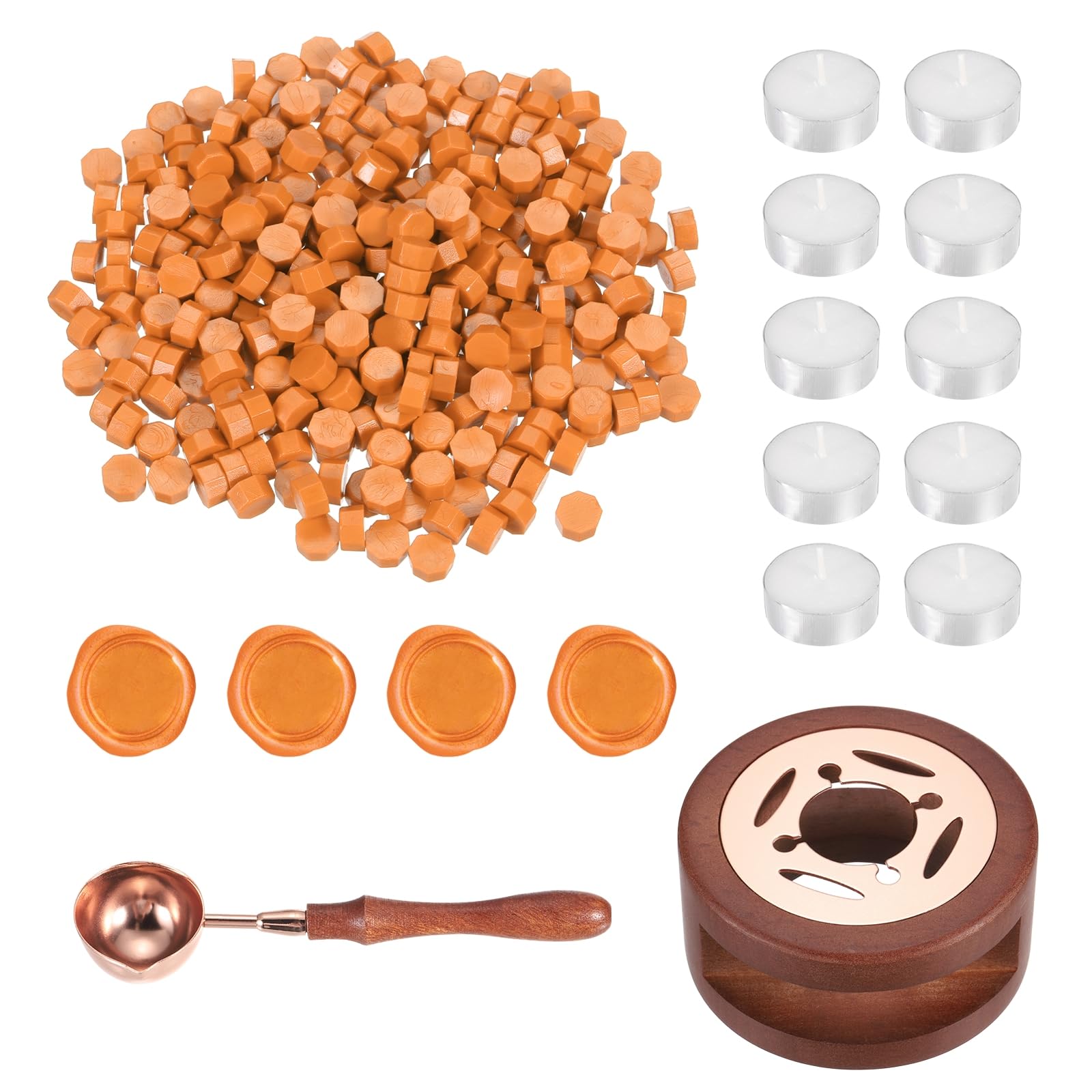PATIKIL Wax Seal Kit, 300 Pcs Wax Sealing Beads, Wooden Warmer, Melted Spoon, 10 Pcs Tealight Candles for Envelope Letter Mailing Crafts DIY, Fresh Orange