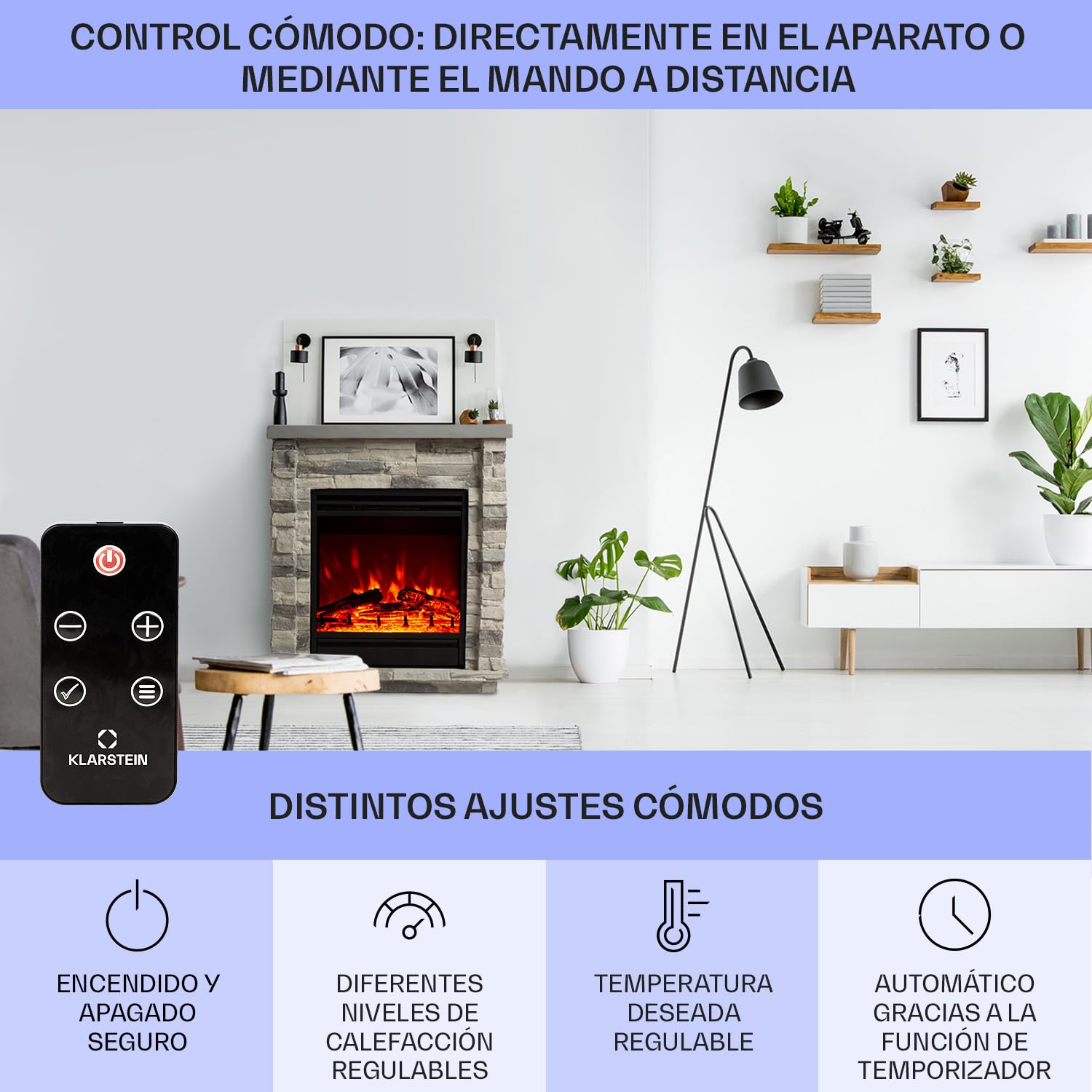 Klarstein Chimenea Electrica Bajo Consumo Pared, Estufa sin Leña de Interior, Chimeneas Electricas Decorativas 1800W, Llama LED, Chimenea Decorativa con Mando, Temporizador y Efecto Real Troncos
