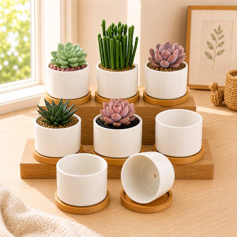 ZOUTOG Succulent Pots 3.1 Inch,8 Pack Succulent Planters,Small Pots for Plants with Drainage and Tray,White Ceramic Flower Planters for Indoor Plants,Home,Office,Desk