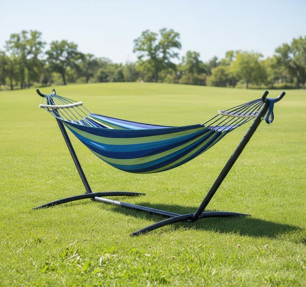 Garvee Hammock with Stand 200x150cm, 204kg Capacity Double Cotton Hammock Includes Carry Bag, Easy Assembly, Hammocks Hanging Chair for Indoor Outdoor Patio Porch Garden Backyard - Green