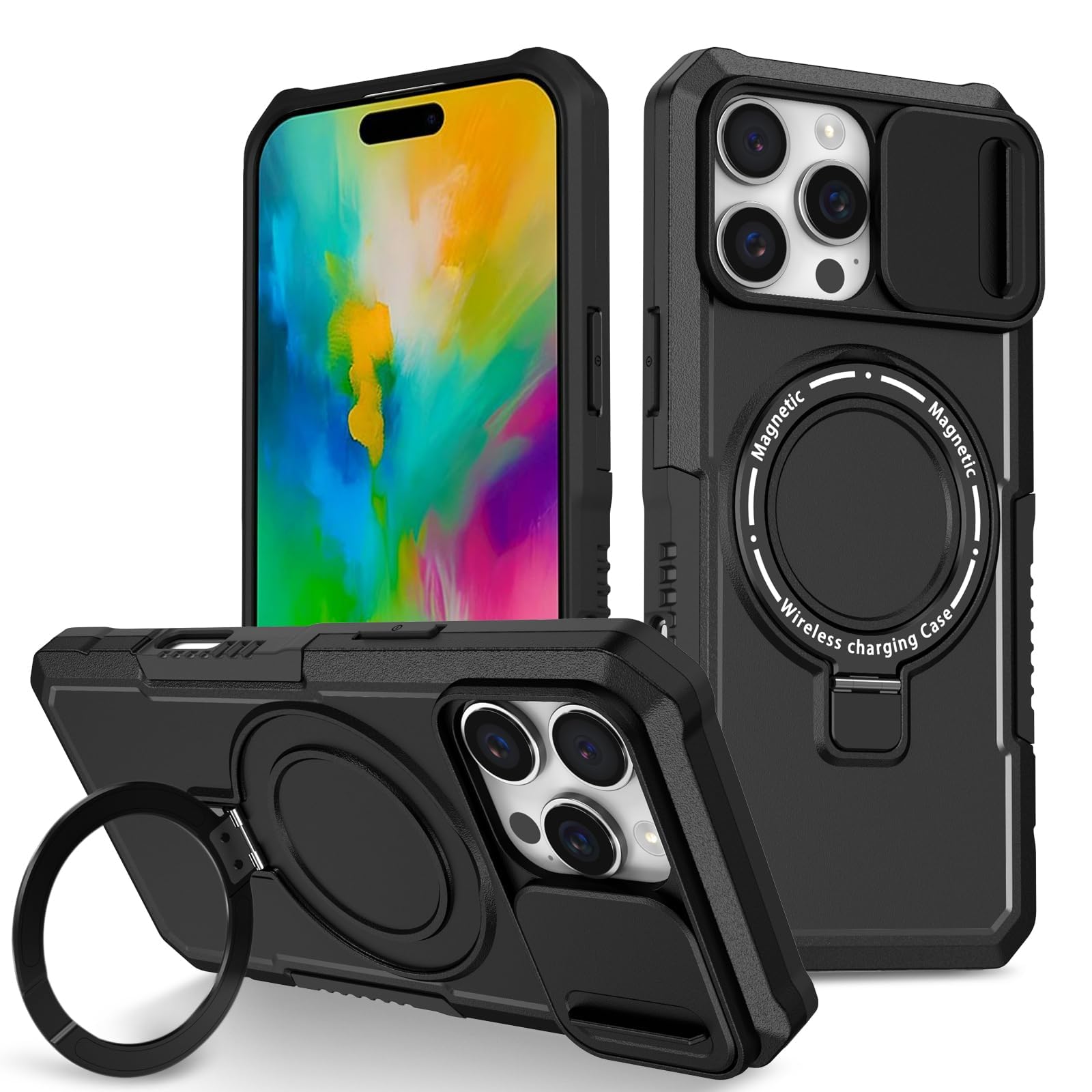 for iPhone 16 Pro Case Compatible with MagSafe, Magnetic Ring Holder with Stand and Camera Cover, Rugged Silicone & PC Heavy Duty Protective Phone Case - Black