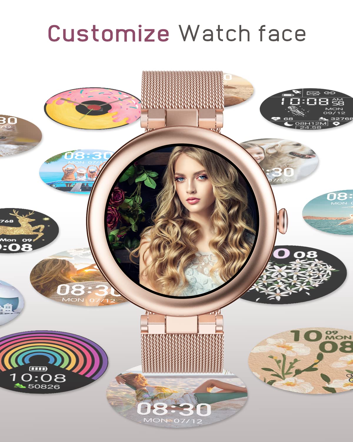 Lynn Montre Connectée Femme Bracelet Acier Ronde Petite 1,09 Pouce Smartwatch Sport Cardio Podometre Saturation Oxygène Multifonctions Or