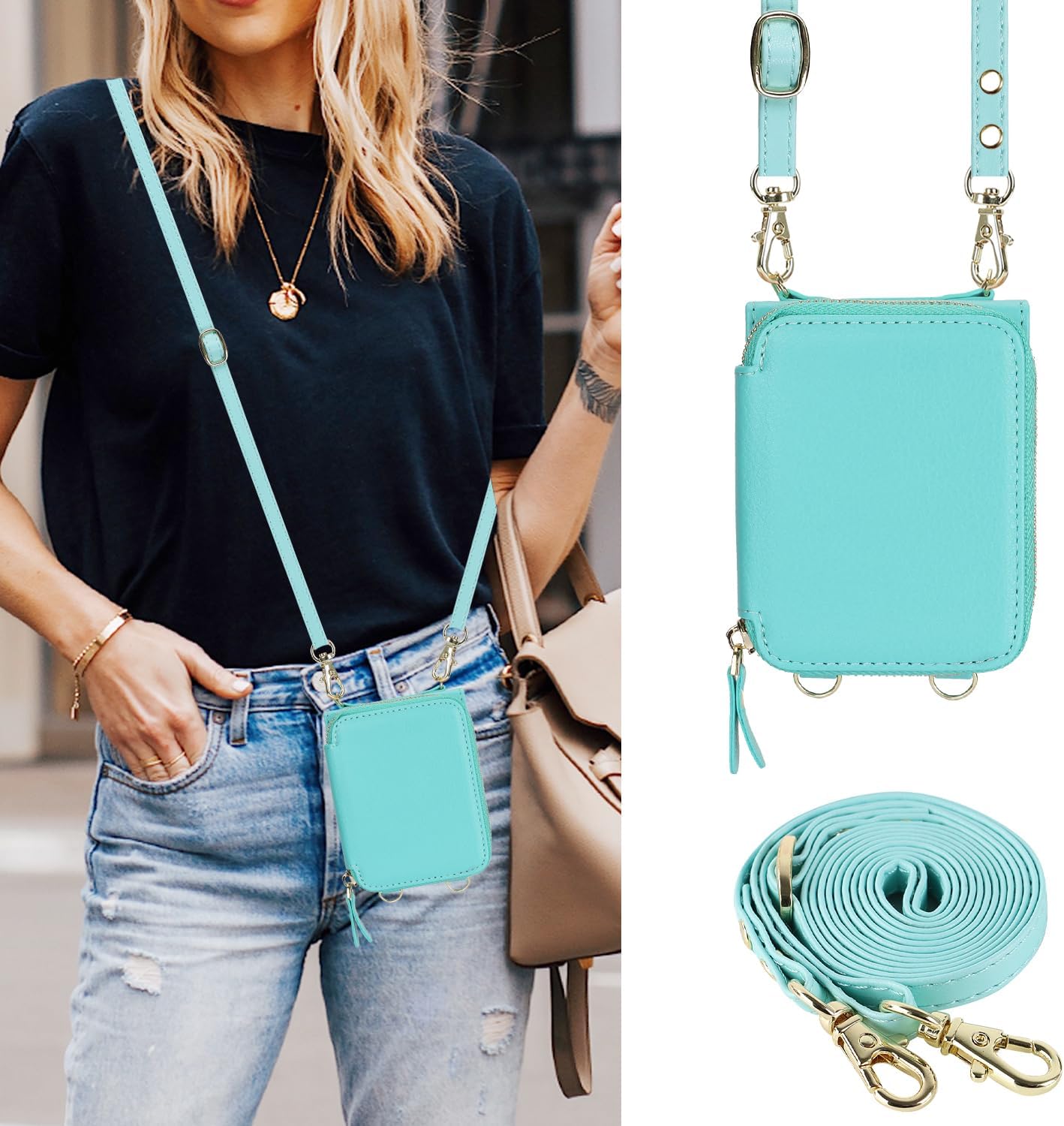 Asuwish Phone Case for Samsung Galaxy Z Flip 5 5G 2023 Wallet Cover with Credit Card Holder Zipper Slot Shoulder Crossbody Strap Lanyard RFID Blocking Cell Purse ZFlip5 Z5 G Flip5 5Z Women Girls Teal