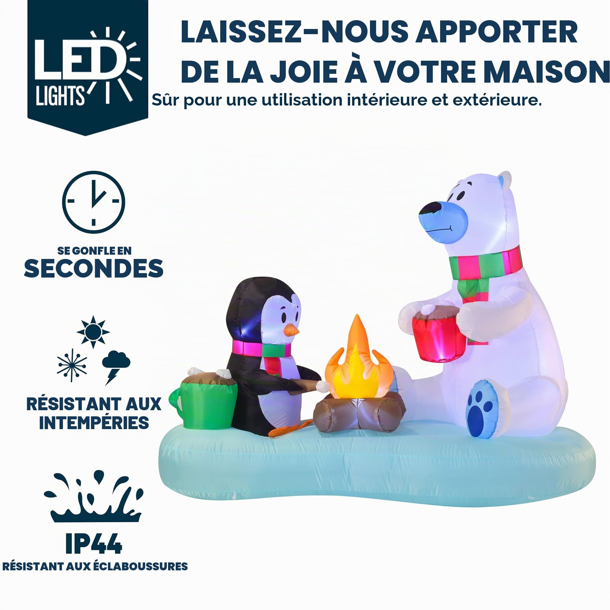 Joiedomi Ours polaire et pingouin gonflable de 1,8 m de long avec décoration de feu de camp, décoration de Noël gonflable avec LED intégrées pour fête de Noël, pelouse, décoration d'hiver