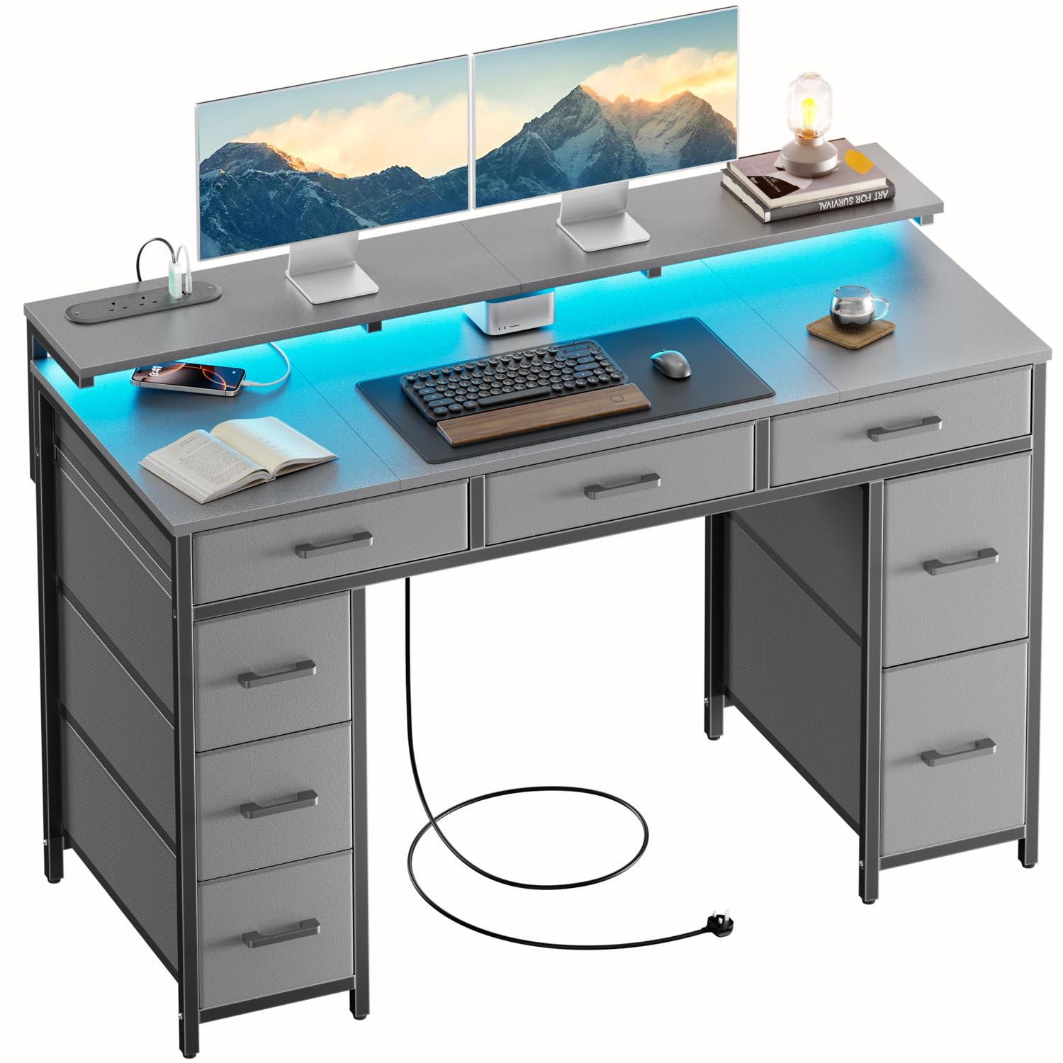DLONGONE Computer Desk with 8 Storage Drawers, 120 x 50 cm Home Office Desk with LED Lights & USB Power Outlets, Gaming Table with Monitor Stand, Study Writing Work Table for Bedroom, Grey — image 1