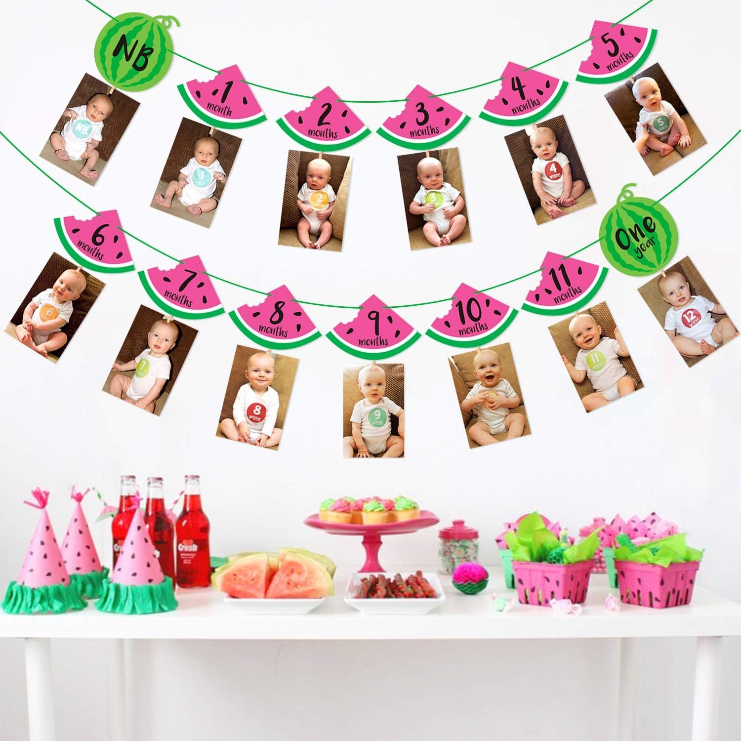 1st Birthday Monthly Banner Watermelon Photo Banner Baby Girl 12 Month Photo Display Milestone Photograph Bunting Garland One In a Melon Party Supplies Summer Fruit Party Decorations