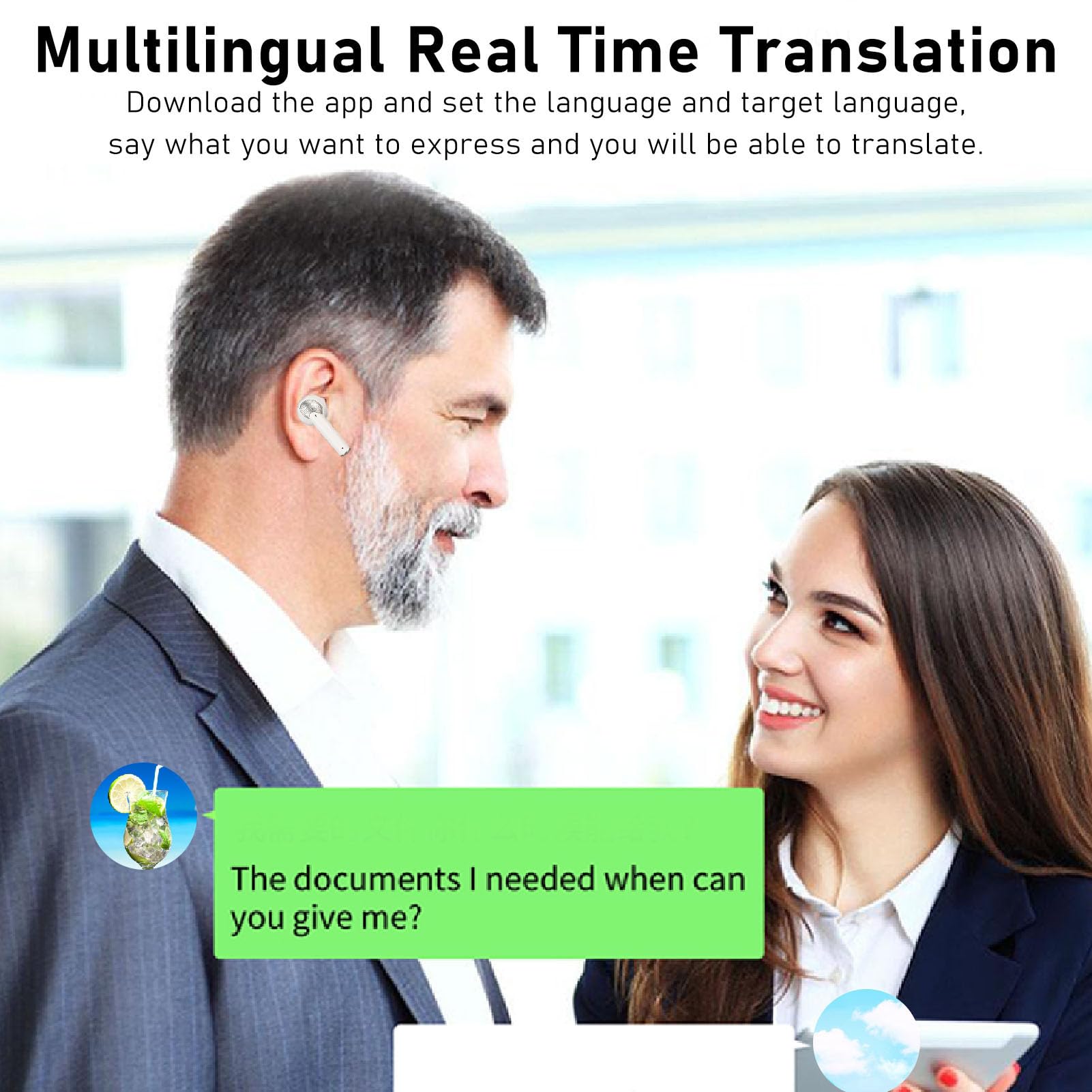 Smart Translator Earbuds - 144 Languages Translation Device for Learning Travel, Bluetooth 5.1 Translator with Noise Reduction, Real Time Translation, Long Lasting Battery (White)