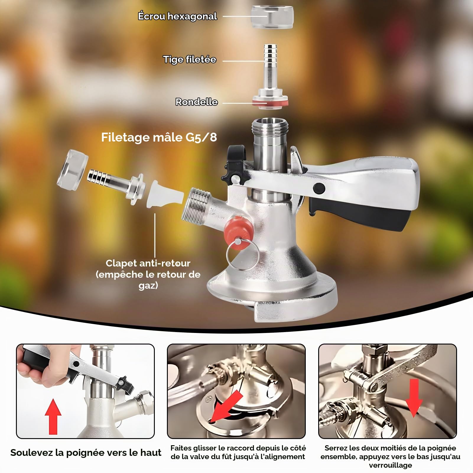 Coupleur de Fût de Bière, G5/8 A Type Brassage Bière Robinets de Distributeur avec Soupape de Surpression de Sécurité, Coupleur de fût Système pour la Maison Bars Hôtels Restaurants Rassemblements