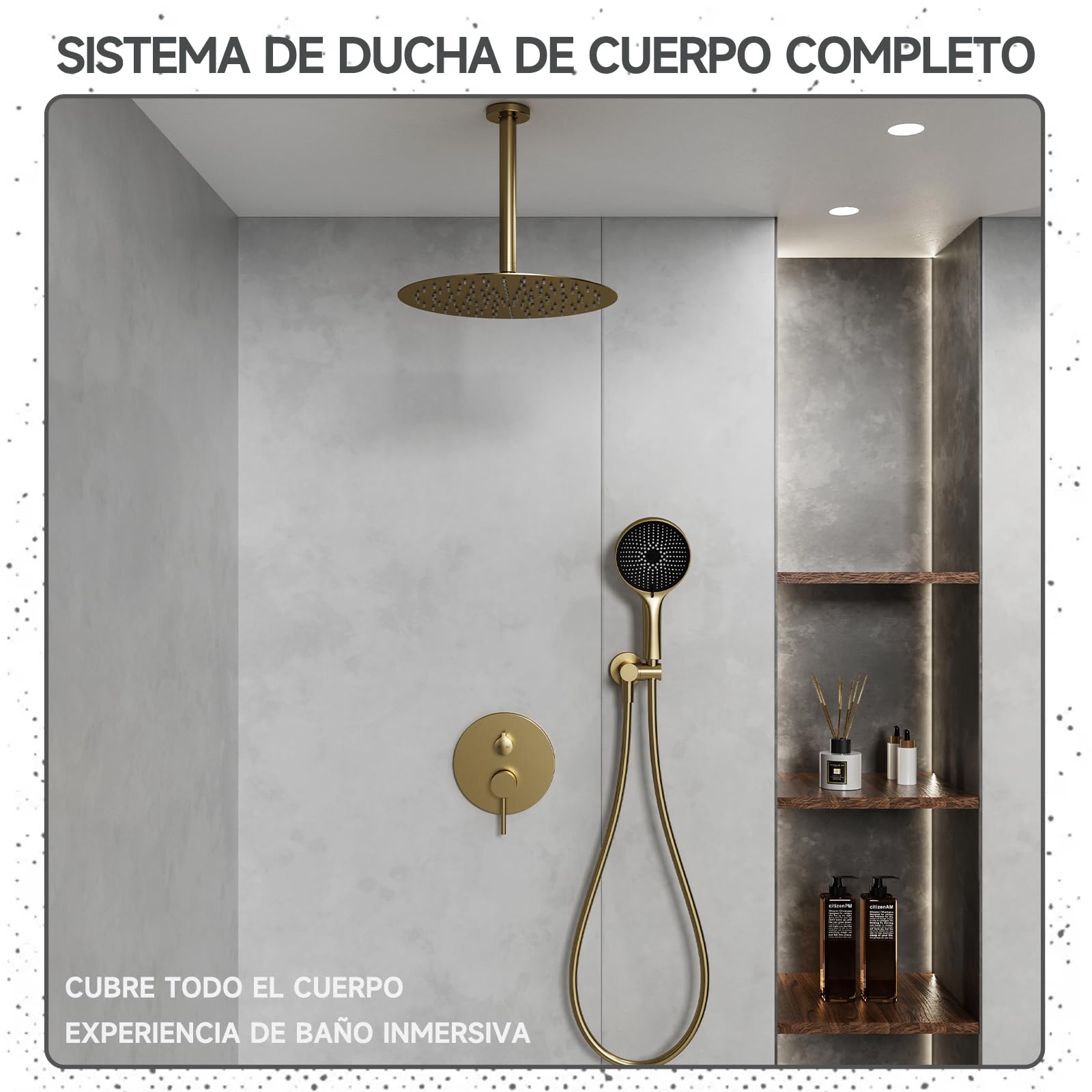 Columna ducha,Rociador de ducha de alta presión redondo 40 x 40 cm,Cabezal de ducha de lluvia ajustable 360°,Con boquilla antical,Juego de ducha de baño de oro cepillado,Kit de ducha con ducha de mano