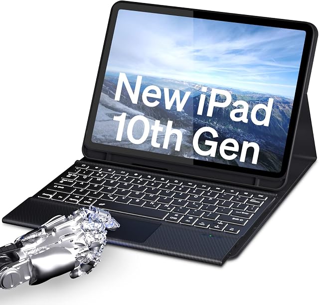 Doohoeek Case with Keyboard for iPad 10.9 inch 10th Generation, new iPad 10.9" Twill-Cover Case, Magnetic Detachable Keyboard with Multi-Touch Trackpad, 7 Color backlight, Bluetooth Keyboard - Black