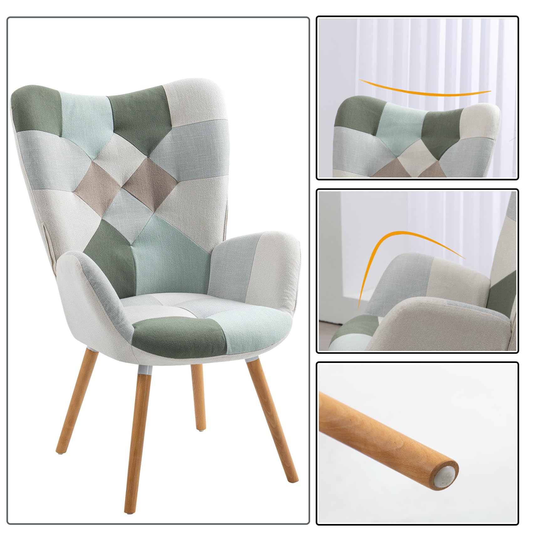 Fauteuil Patchwork Aqua avec Assise et Dossier Épais pour Réunion de Bureau Design Ergonomique Fauteuil Scandinave en Tissu Résistant pour Salle Conférence Entreprise Hauteur d'Assise 45 cm