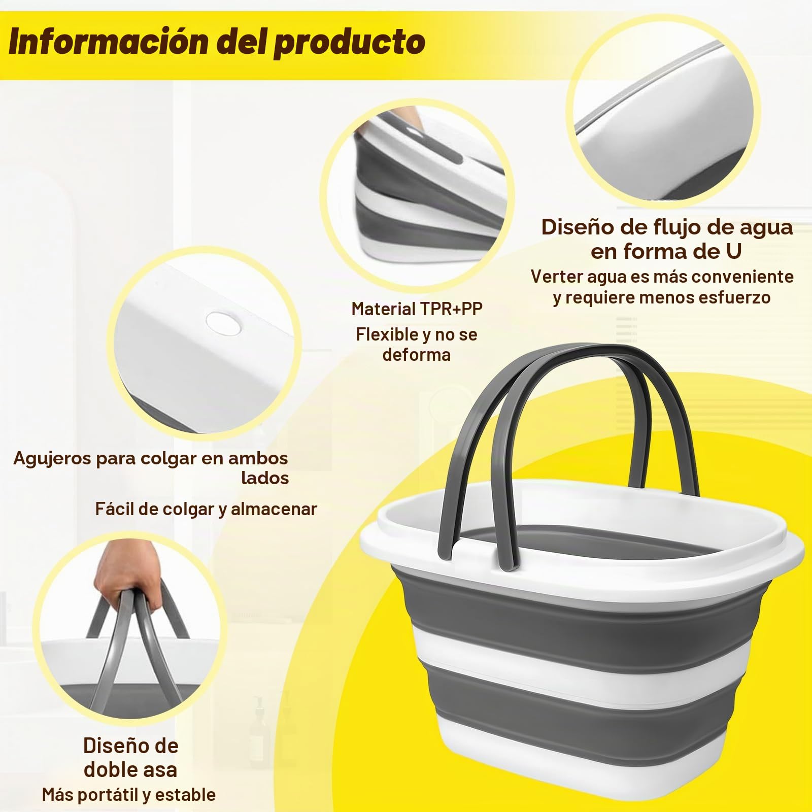 Cubo Plegable de Silicona y Plástico 16L con Asas, Barreño Limpieza Portátil, Palangana Ahorra Espacio, Balde de Agua Multiusos, Cesta Colada Casa para Camping, Excursiones, Cocina, Aire Libre y Coche