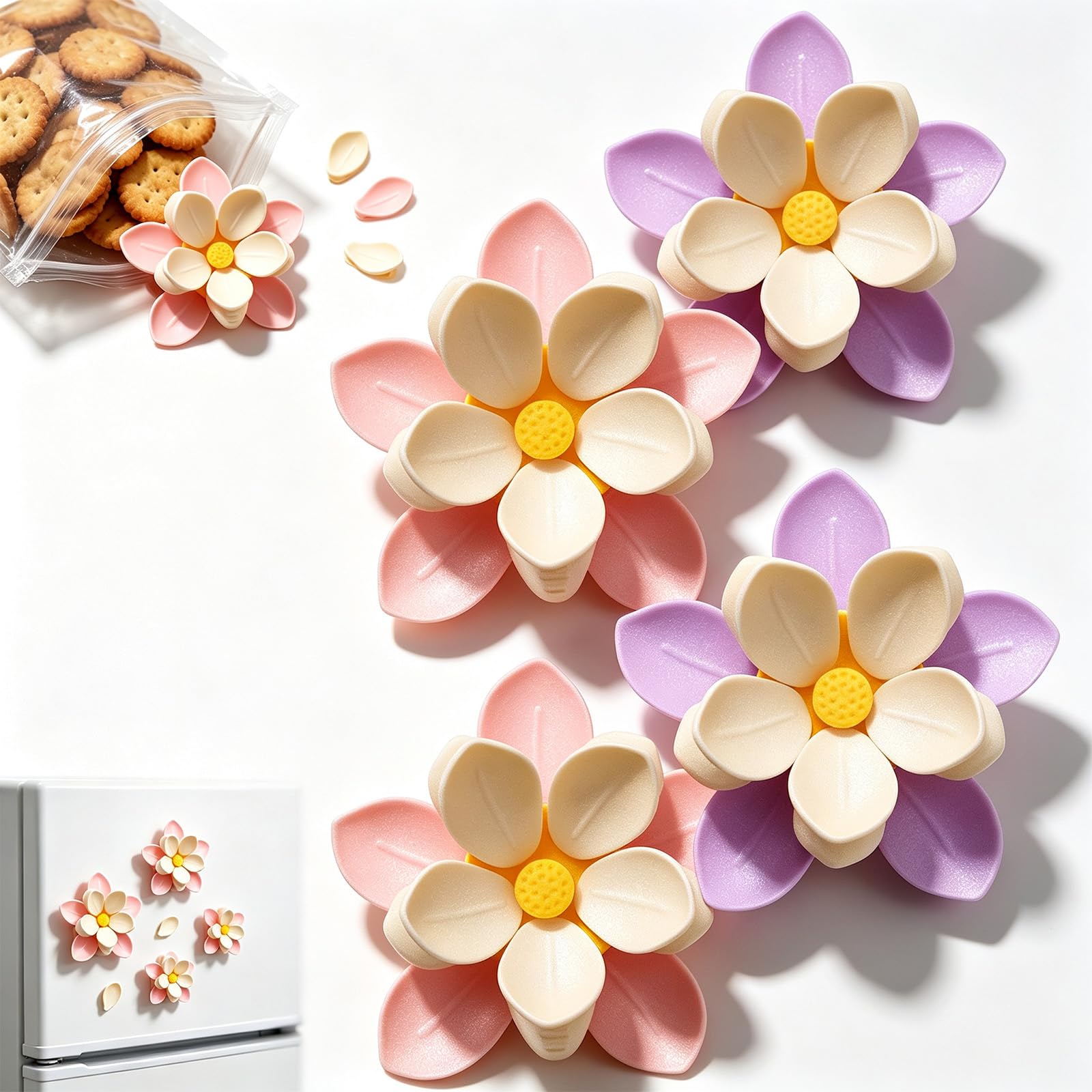 Fridge Magnets Food Bag Clips, Cute Lotus Flower Fridge Magnet Chip Clips, Magnetic Bag Clips, Lotus Petal Food Sealing Clips, for Snack Bags Kitchen Office and Home Decor，4Pcs-Mix