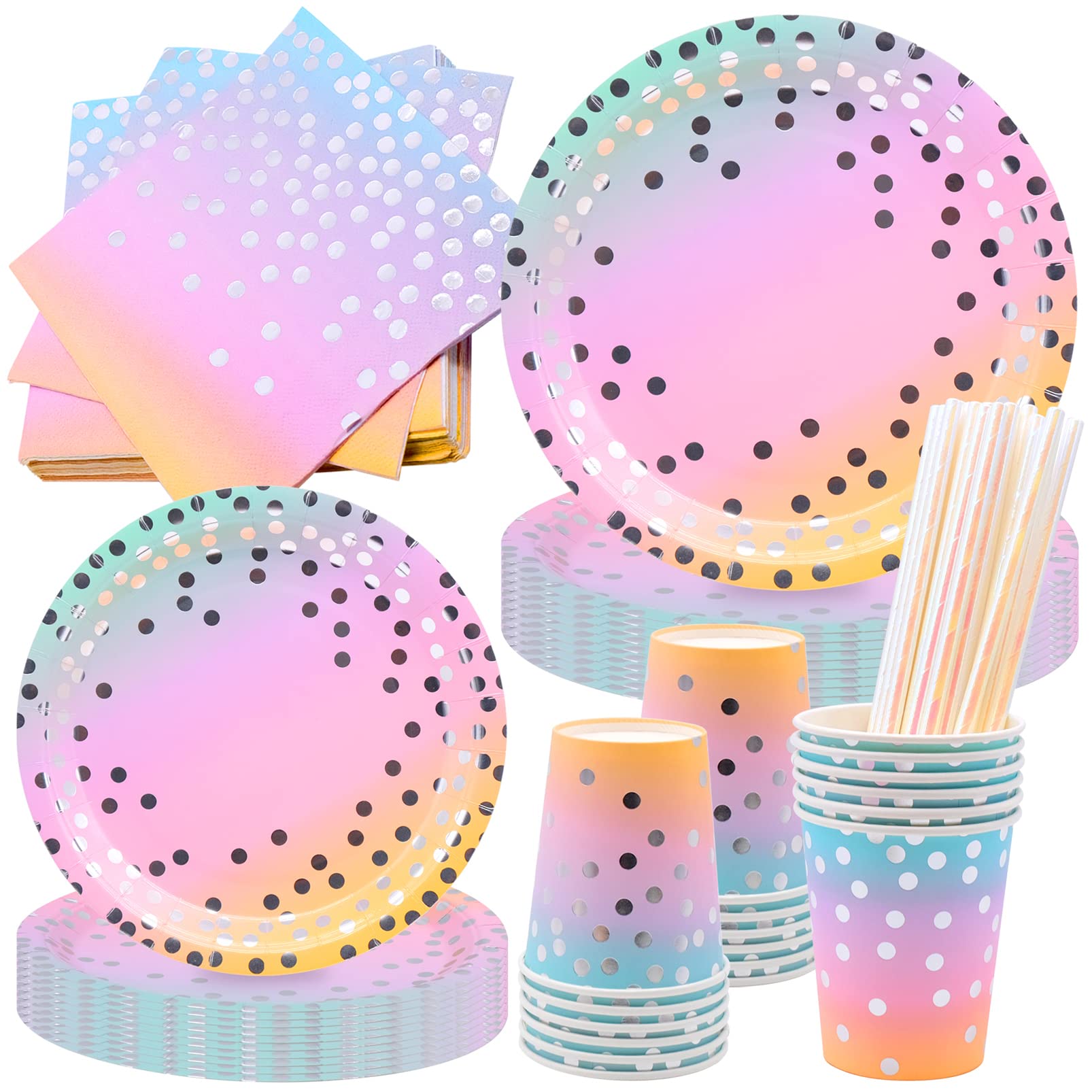FORYNXHWIN80Pcs Rainbow Party Tableware, Silver Dot Party Tableware, Kids Birthday Decoration Party Supplies Set Includes Paper Plates, Paper Cups, Straws, Napkins - 20 Guests