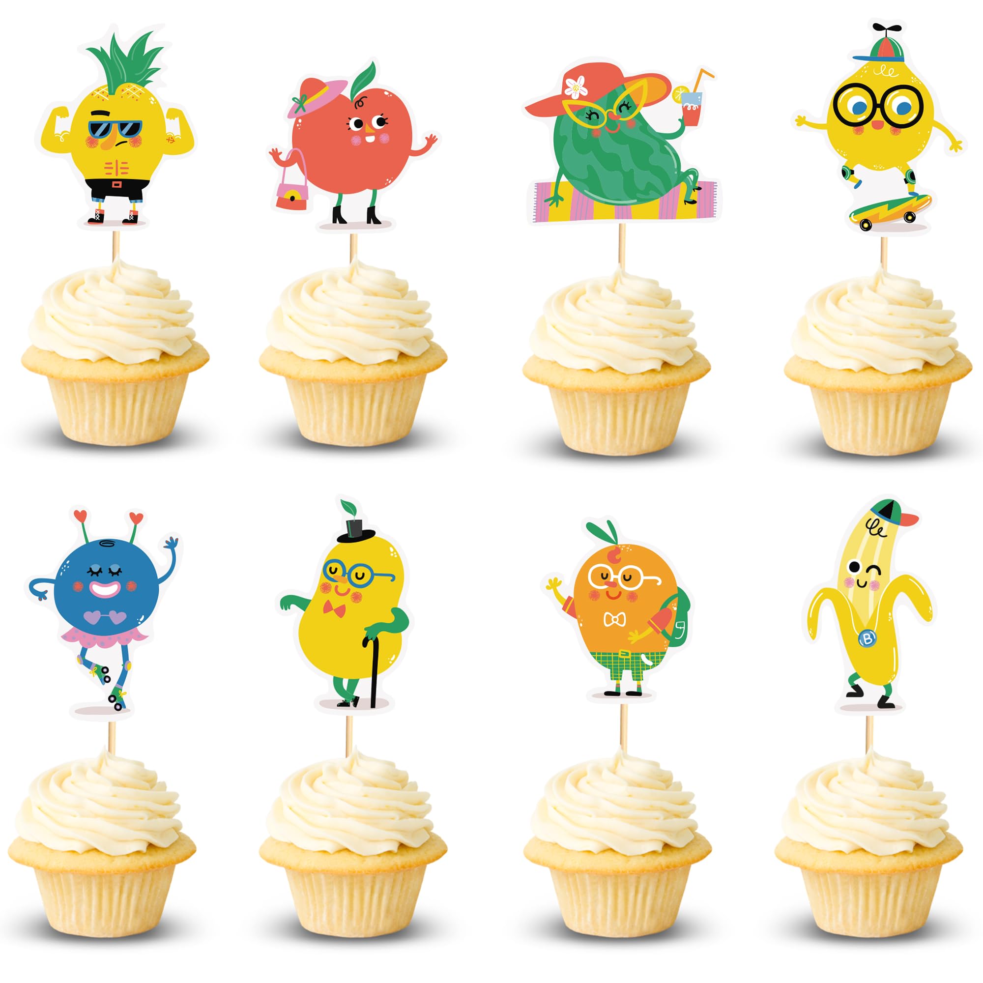Arthsdite 24pcs Fruit Cupcake Toppers Anthropomorphic Fruit Theme Kawaii Watermelon Apple Banana Lemon Pineapple Strawberry Cupcake Picks for Kid Baby Shower Summer Decorations