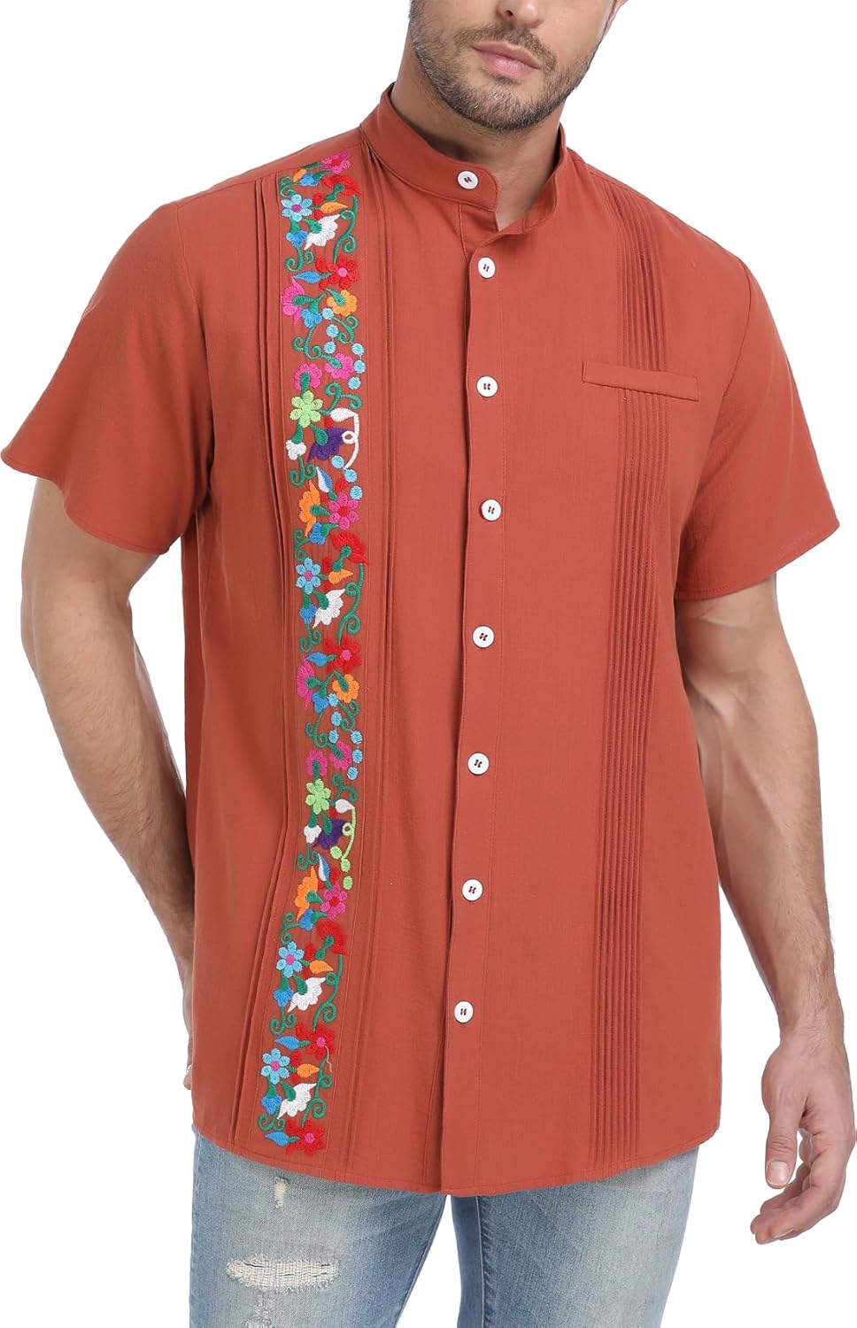 YZXDORWJ Men's Mexican Cuban Shirt Embroidered Traditional Button Down Shirt Summer Band Collar Short Sleeve Tops - Image 8