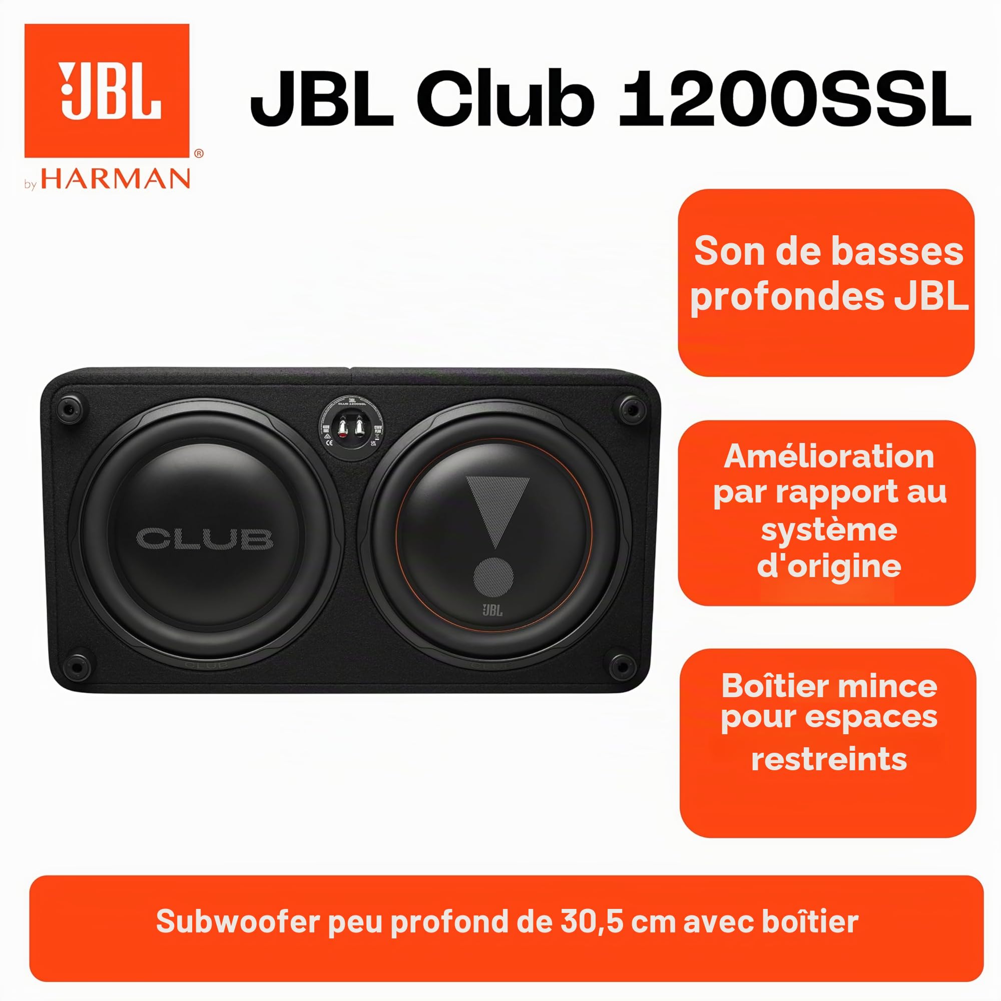 JBL Club 1200SSL Caisson de Basses Passif pour Voiture, 12", boîtier Plat fermé avec Membrane Passive, Robuste et Peu encombrant, Caisson de Basses Passif, 1200 W, avec Pilote en Aluminium pour des