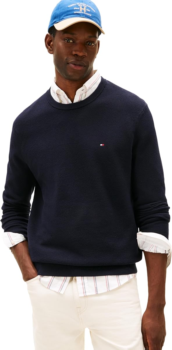Tommy Hilfiger Suéter de cuello redondo estructurado sólido de algodón para hombre