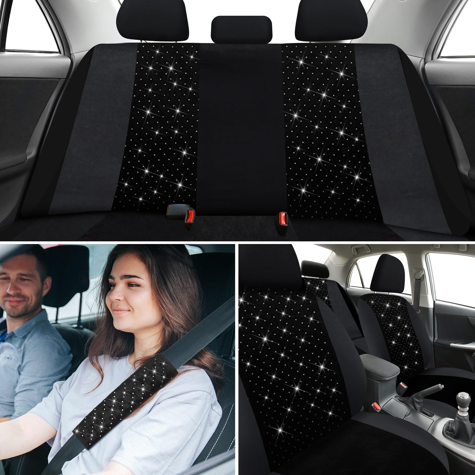 Ensemble complet de housses de siège de voiture brillantes en velours respirant pour femme - En maille noire - Ajustement universel pour la plupart des berlines, SUV, camions, monospaces, airbags