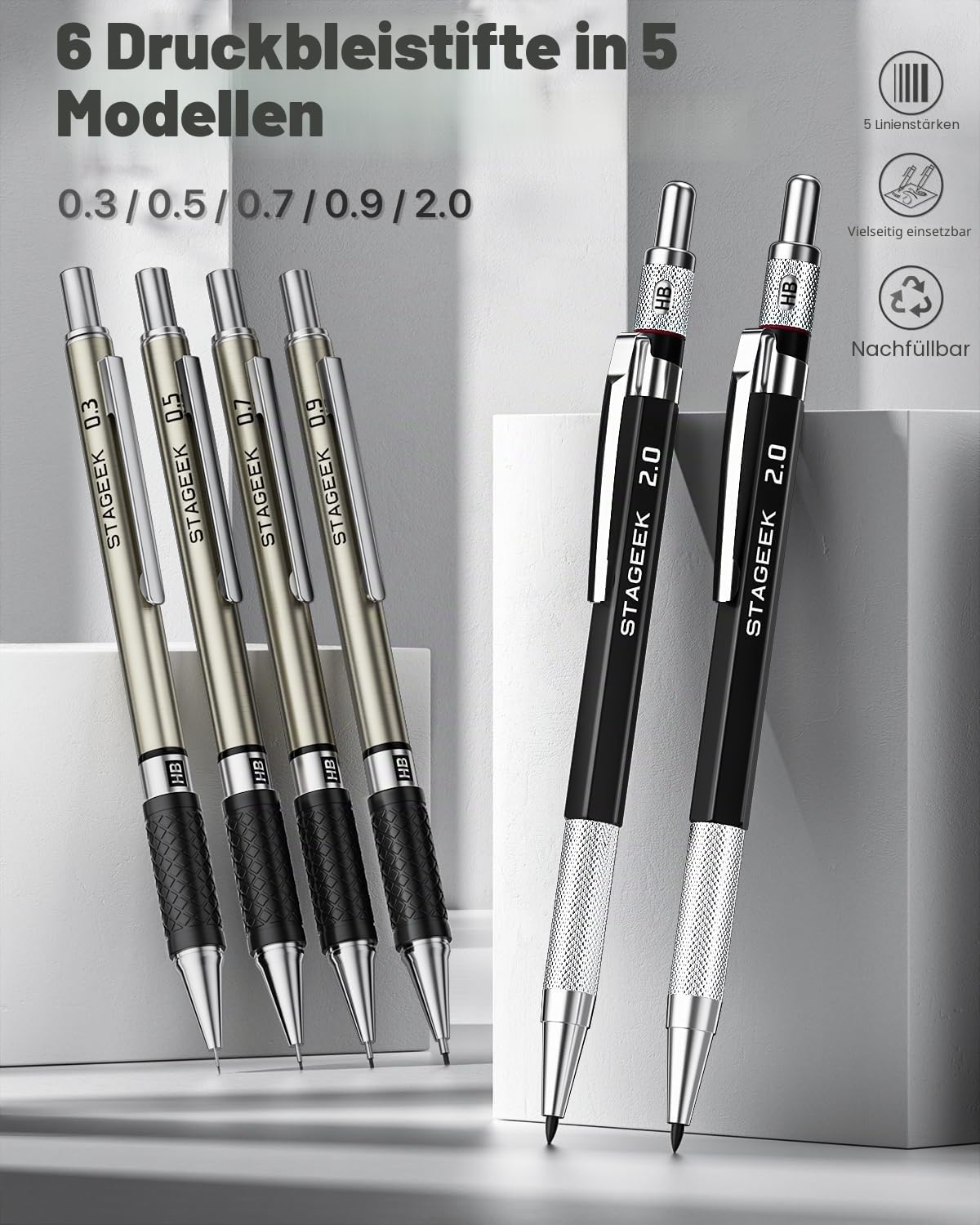 STAGEEK Druckbleistifte Set, 6 Stück Minenbleistift 0,3 0,5 0,7 0,9 2,0mm,metall mechanischer bleistift mit 492 Minen (6B, 4B, 2B, HB, 2H, 4H, Farbe),schreibwaren, für Künstler, Skizzieren, Zeichnen