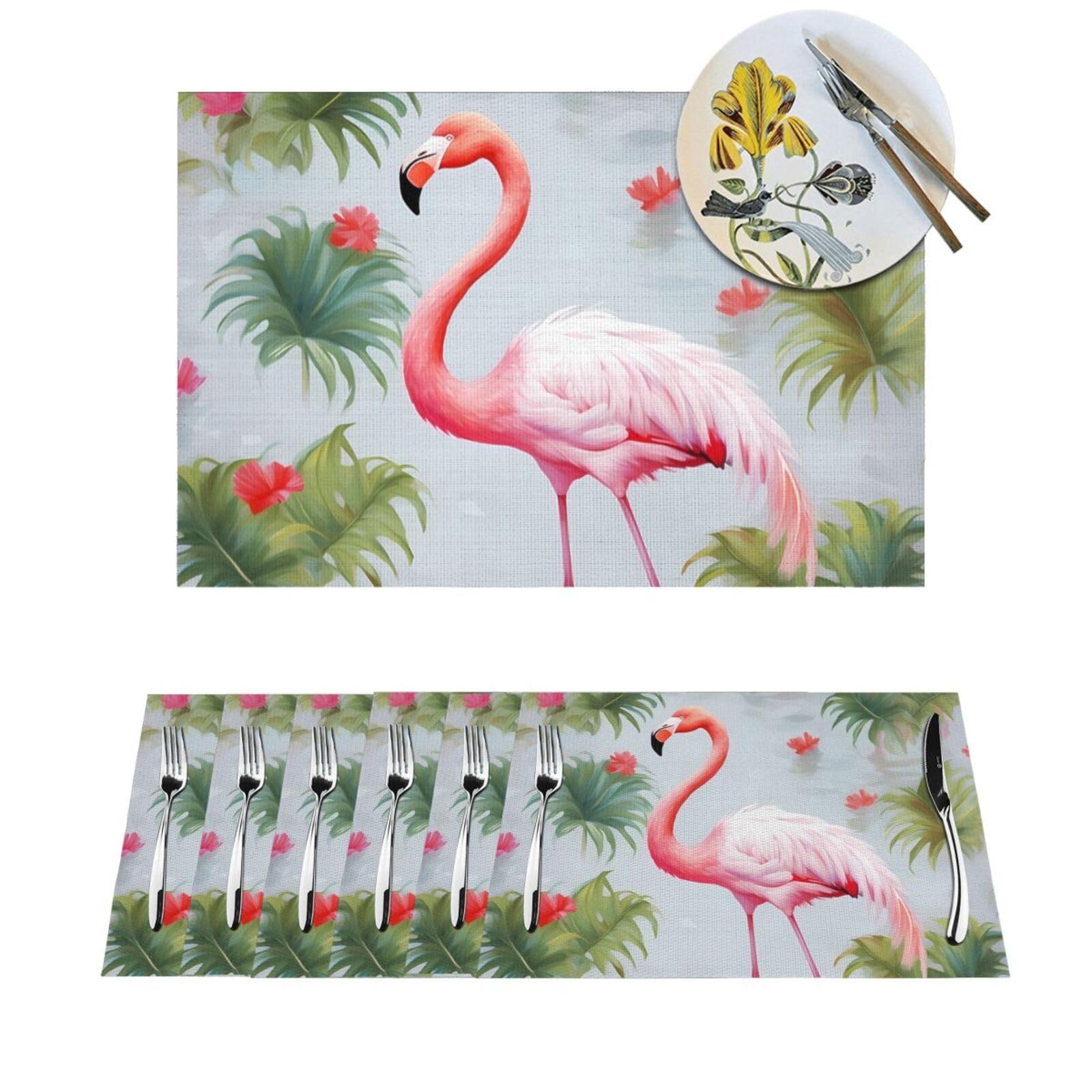 Set de table en PVC lavable motif flamant rose blanc pour salle à manger (lot de 6)