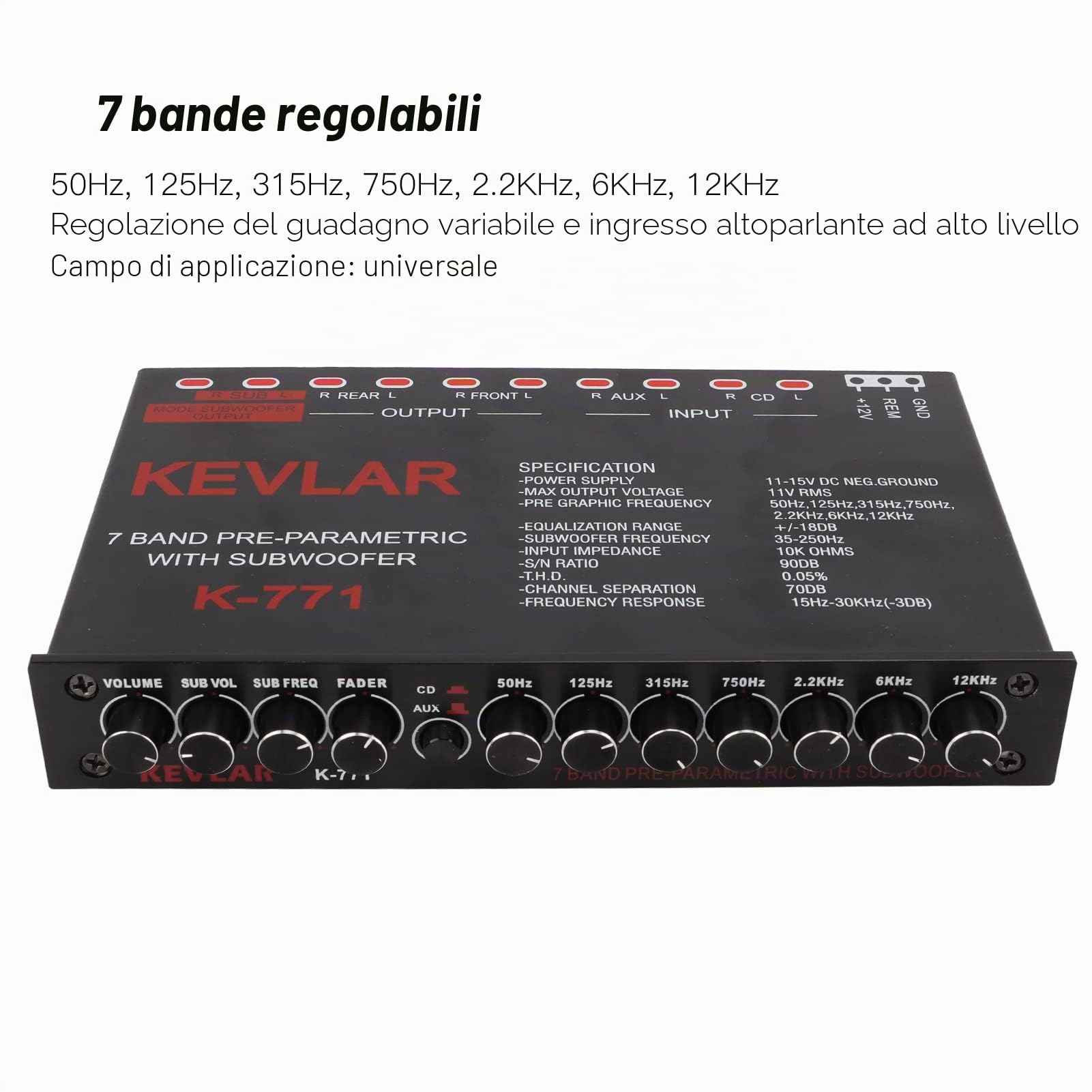 Tbest Equalizzatore Grafico a 7 Bande, Equalizzatore Grafico o per Auto Passa Basso Universale Regolazione del Guadagno Variabile a 7 Bande Equalizzatore di Ingresso Ad Alto Livello per
