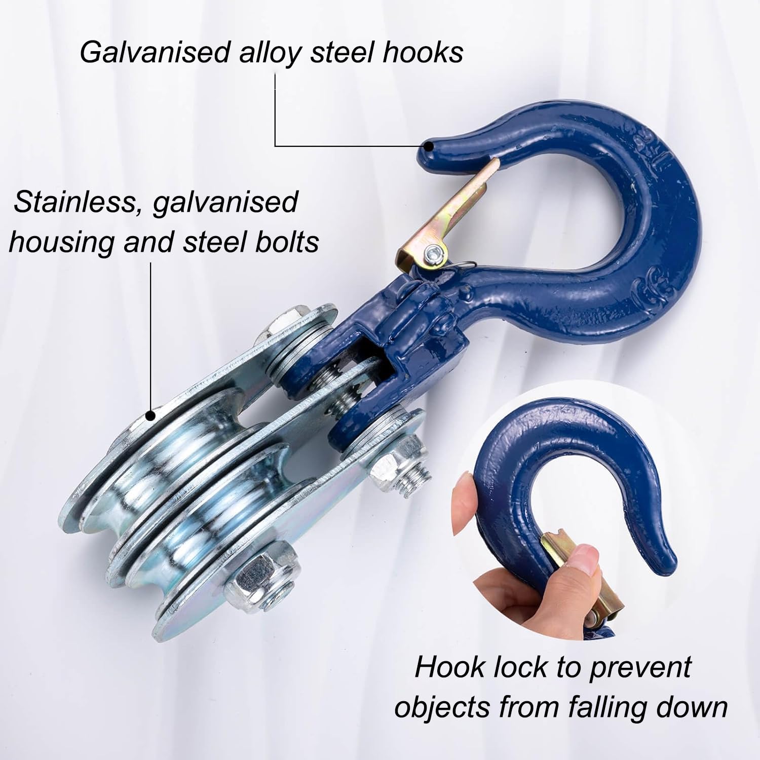 2 Stück Doppel-Umlenkrolle mit Kugellager und Haken, 1 Ton Umlenkrolle Stahlseil, Doppelte Kugellager Umlenkrollen für Seile Schwerlast Flaschenzügen, 360° Schwenkbare Rolle für Winde, Kran