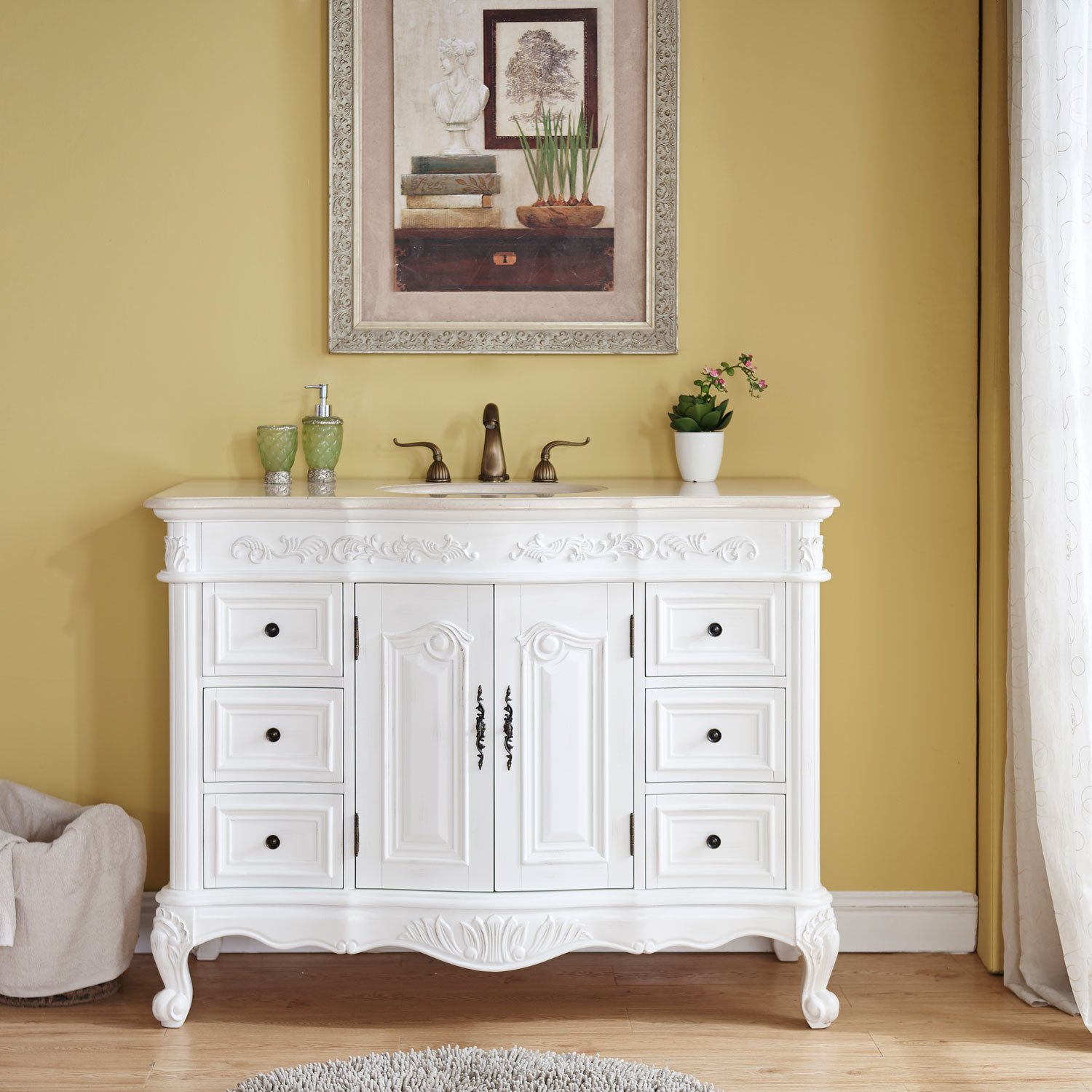 Silkroad Exclusive Countertop Marble Single Sink Bathroom Vanity with White Oak Finish