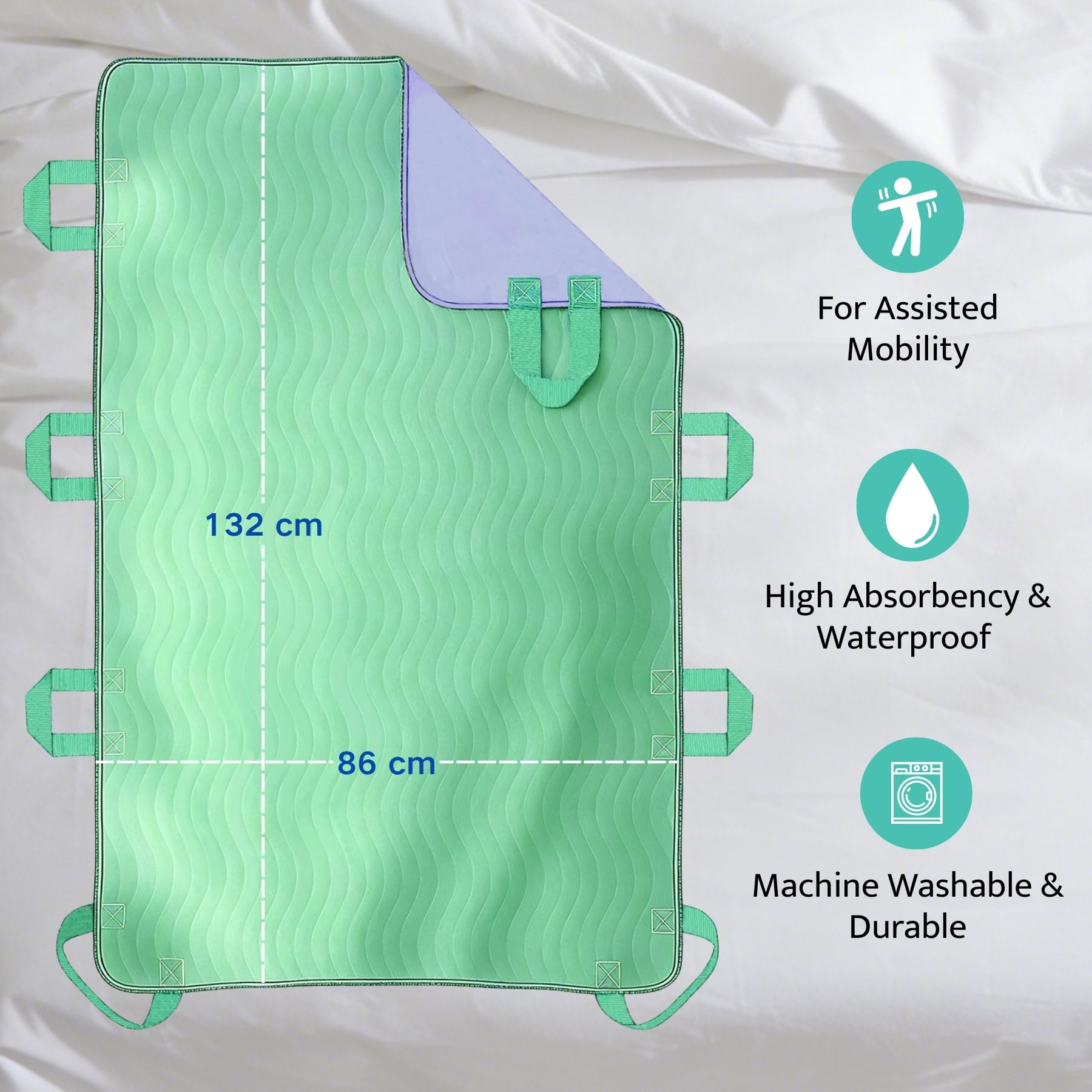 Tapis de positionnement réutilisable avec 8 poignées, 86 × 132 cm, imperméable, absorbant jusqu’à 350 ml, séchage rapide, charge jusqu’à 180 kg, pour retournement et repositionnement au lit