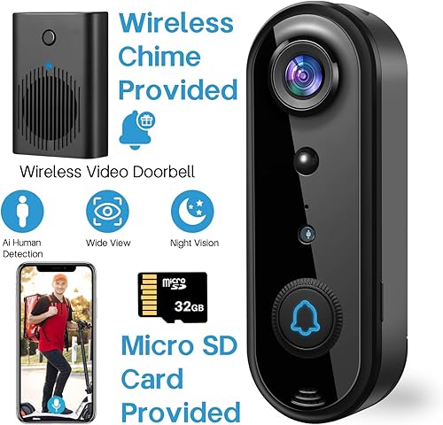 Miniatura 2 de Cámara de timbre de video inalámbrica, lente ultra gran angular para visión de cuerpo completo, detección de movimiento AI, conversación