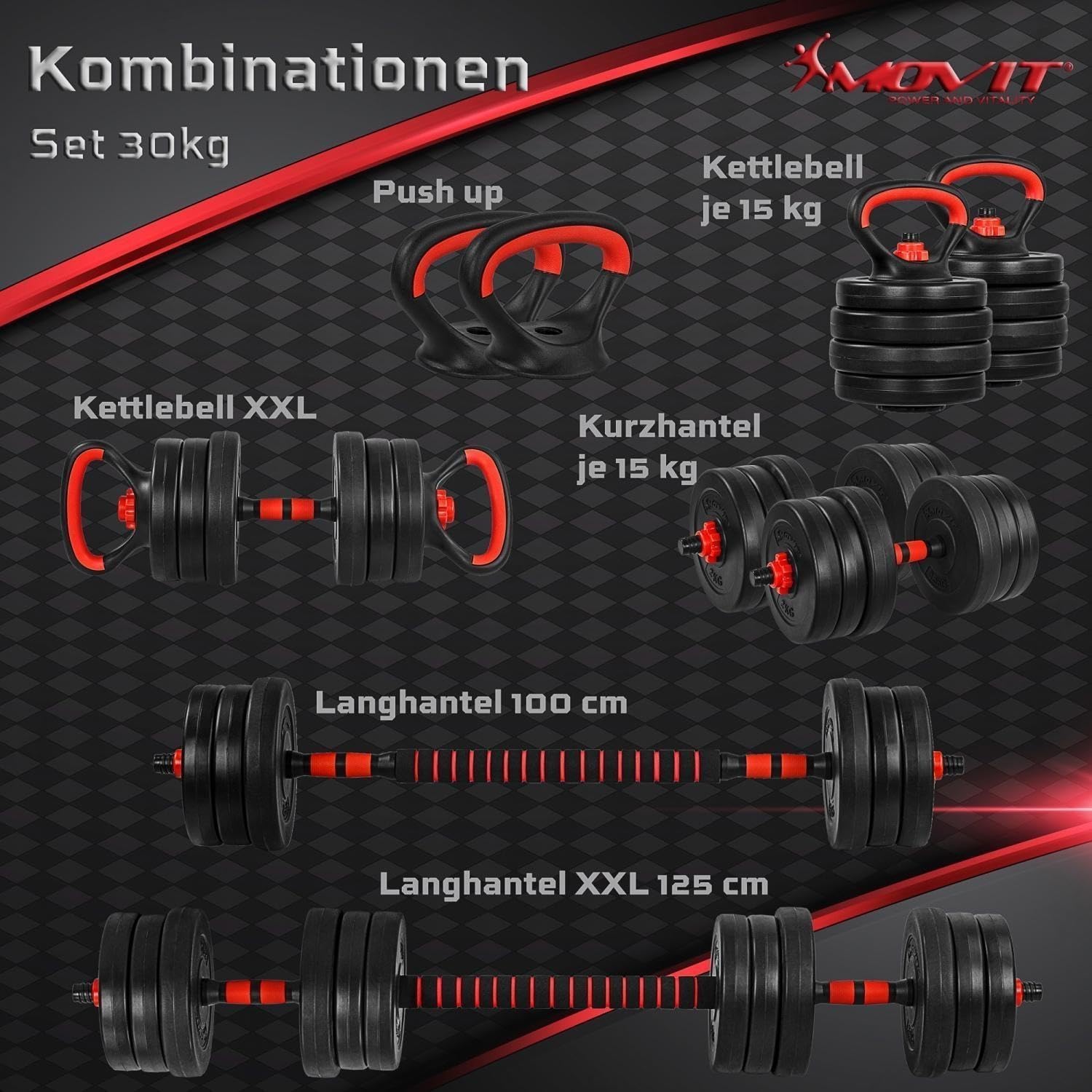 MOVIT Hanteln Set - 6in1, 20/30kg, XXL, Verstellbar, Kunststoff, Push Up Griffe, Schwarz und Rot/Orange - Dumbbell Set, Hantel Gewichte, Verstellbare Kurzhanteln, Kettlebell, Hantelset für Zuhause