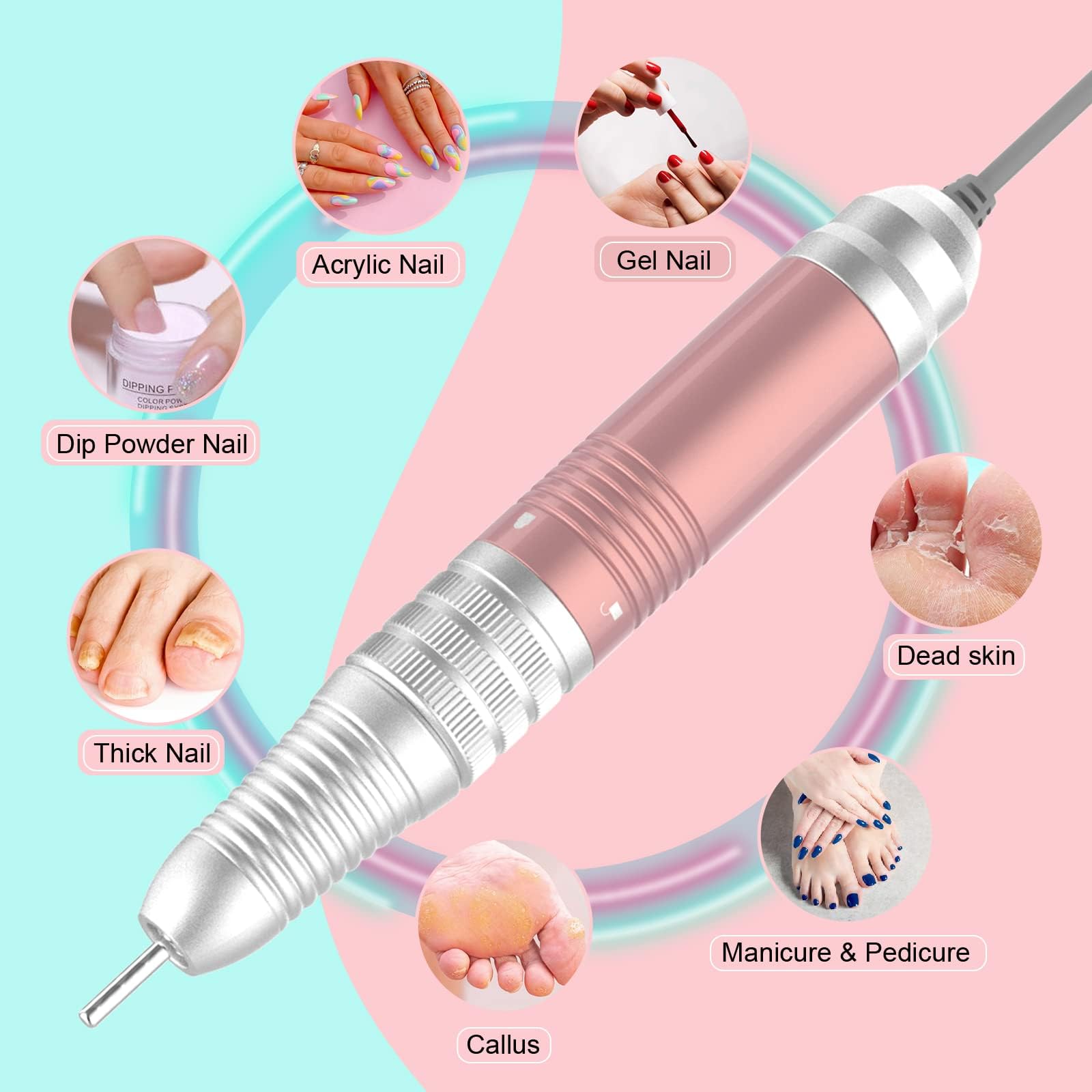 Delanie Torno para Uñas Profesional 35000 rpm Portátil Eléctrico de Gel o Acrilicas con 6 Fresas para Torno Manicura y Pedicura (Rosa Non Recargable)