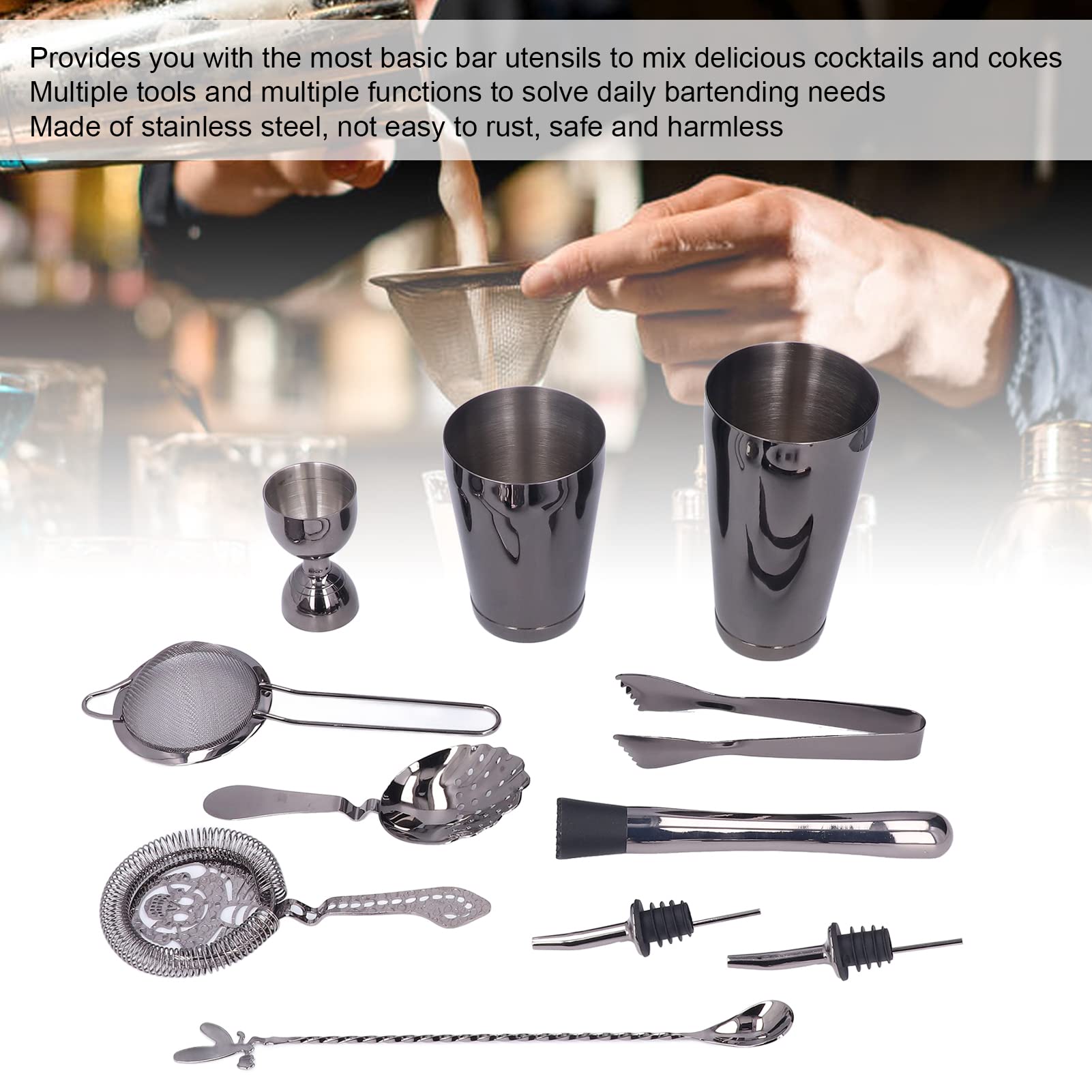 Juego de Coctelera de Acero Inoxidable, Equipo Mezclador de Bebidas de para Bar Casero, 11 Uds. (Plata Negro)