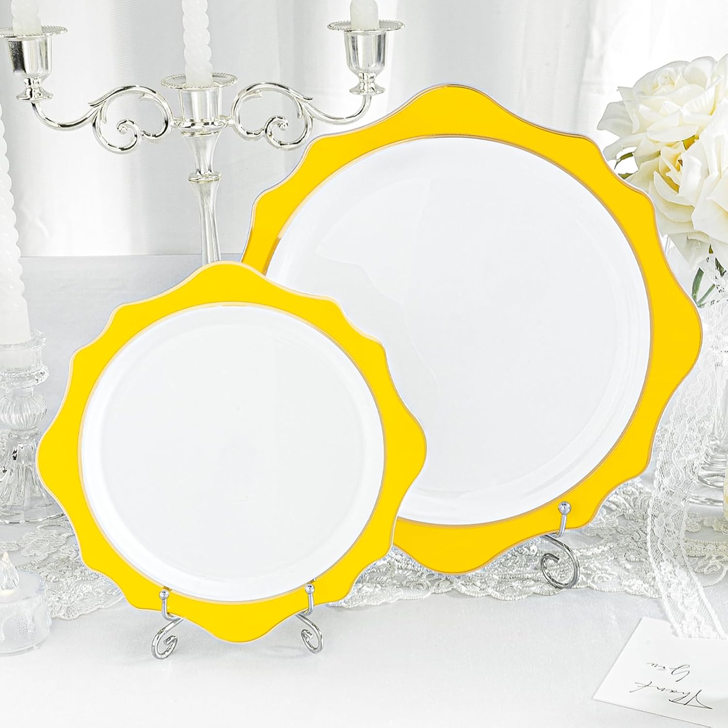100 PCS White and Yellow Disposable Plates for 50 Guests, Scalloped Plastic Plates Include 50 Dinner Plates and 50 Dessert Plates for Party, Wedding - Image 4