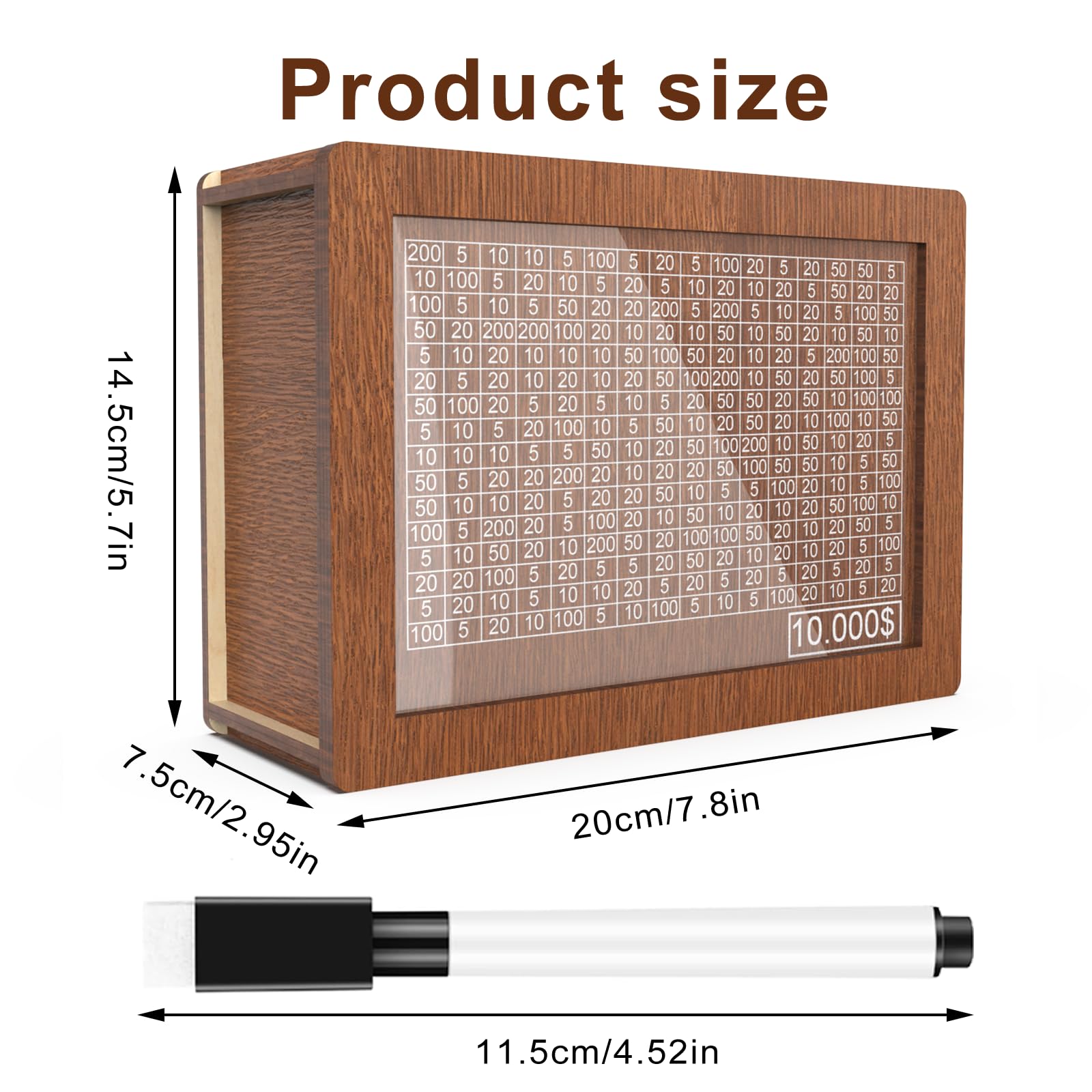 Money Saving Box 10,000, Savings Box, Money Boxes with Counters for Adults and Children, Wooden Coin Bank, Cashbox, $10000 Savings Challenge Box, Reusable Cash Box with Dry Erase Marker.