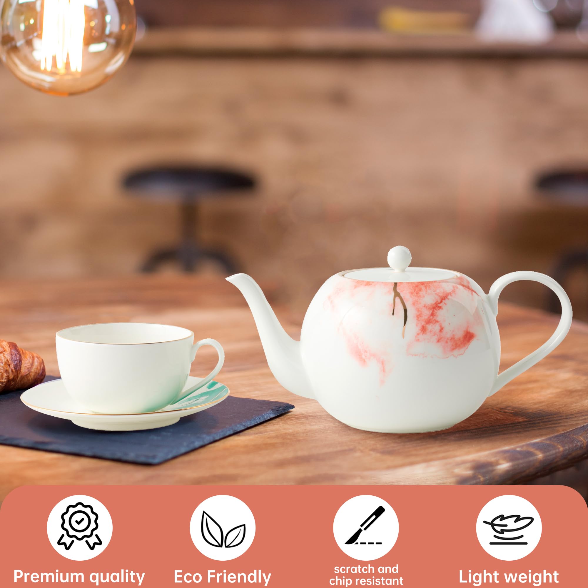 London Boutique Duży biały czajniczek 1,2 l ze złotą krawędzią, wbudowany filtr do herbaty liściastej, lekki porcelanowy czajniczek