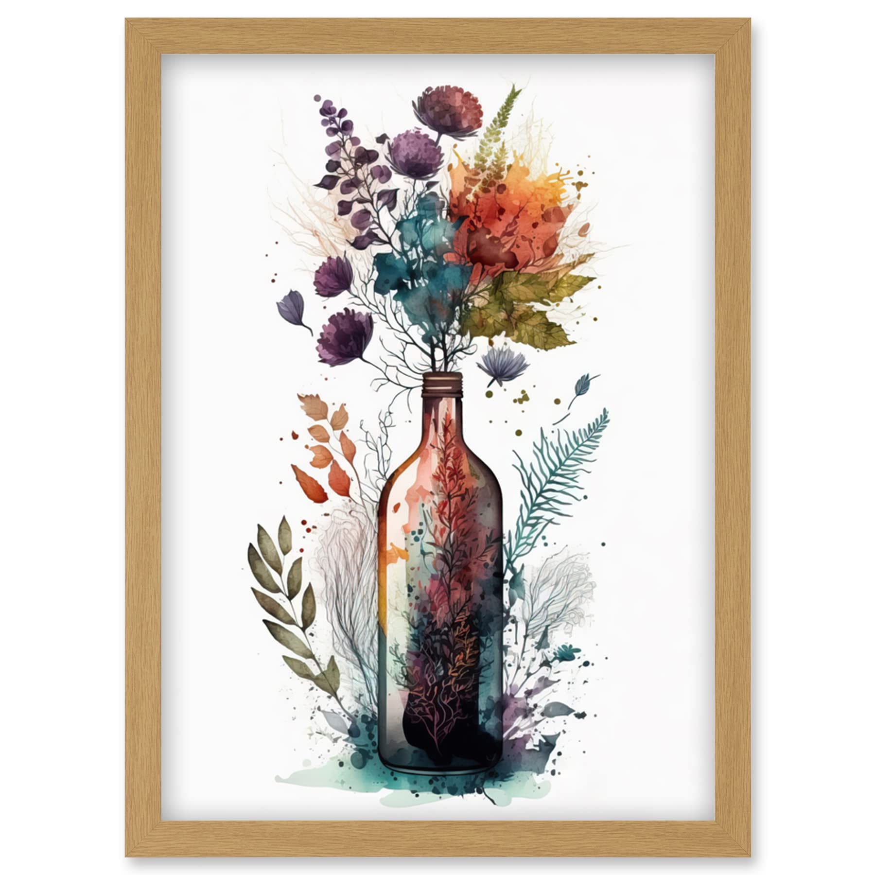 Artery8 Wine Bottle with Wildflower Floral Spring Bouquet Artwork Framed Wall Art Print A4