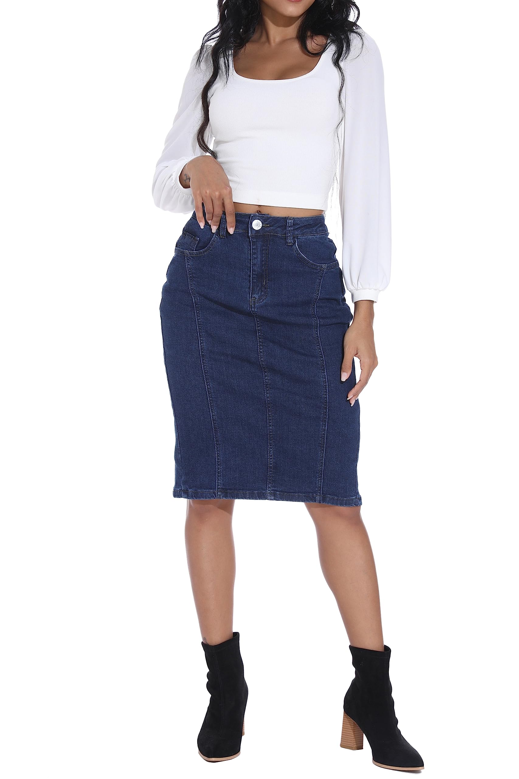 GUANYY Jeansrock für Damen, hohe Taille, knielang, schmale Passform, Bleistift-Stretch-Jeansrock
