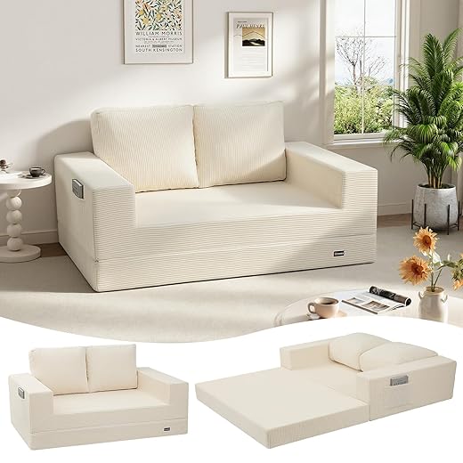 COMAX Convertible Sofa Bed Queen, Folding Fold Out Couch Bed, Floor Futon Couch Corduroy Sleeper Mattress with Back Pillows, Boneless Sofa Comfy Lounge Loveseat for Living Room Bedroom, Beige
