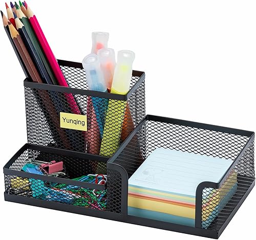Miniatura 1 de Soporte para bolígrafo de malla negra, organizador de escritorio de malla multiusos, suministros de oficina de gran capacidad con soporte para notas