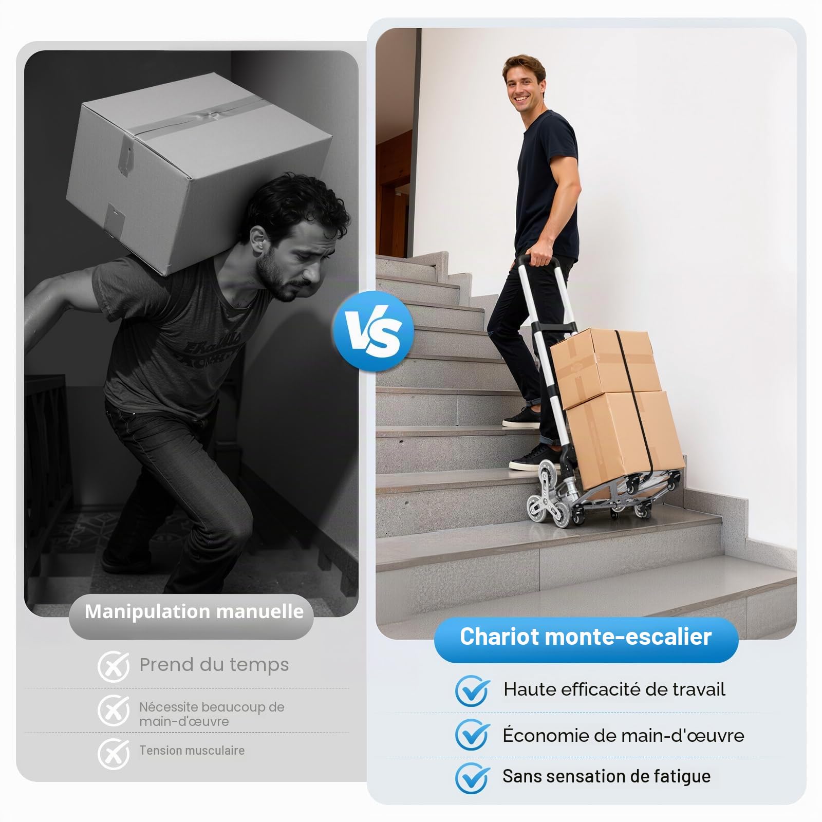 Monte-escalier en aluminium | Diable pliable jusqu'à 75 kg 3 hauteurs réglables (67/86/106 cm) | Diable de transport avec sac en toile