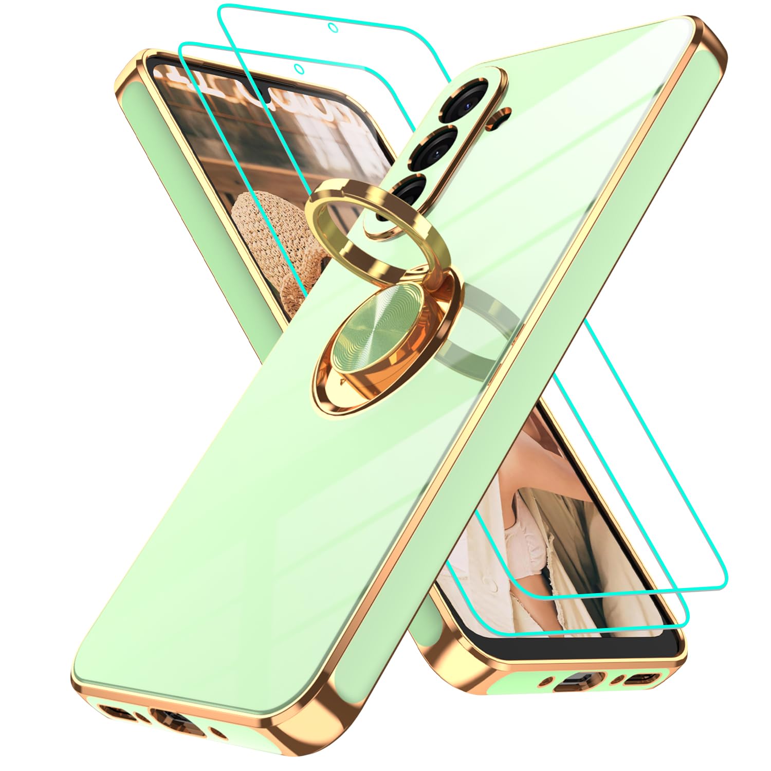 Gritup für Samsung Galaxy A26 Hülle mit 2 Stück HD-Bildschirmschutz und eingebaute Ring Kickstand Handyhülle,TPU Silikon Galvanik Stoßfest Schutzhülle Cover for A 2 6 5G, Erbsengrün
