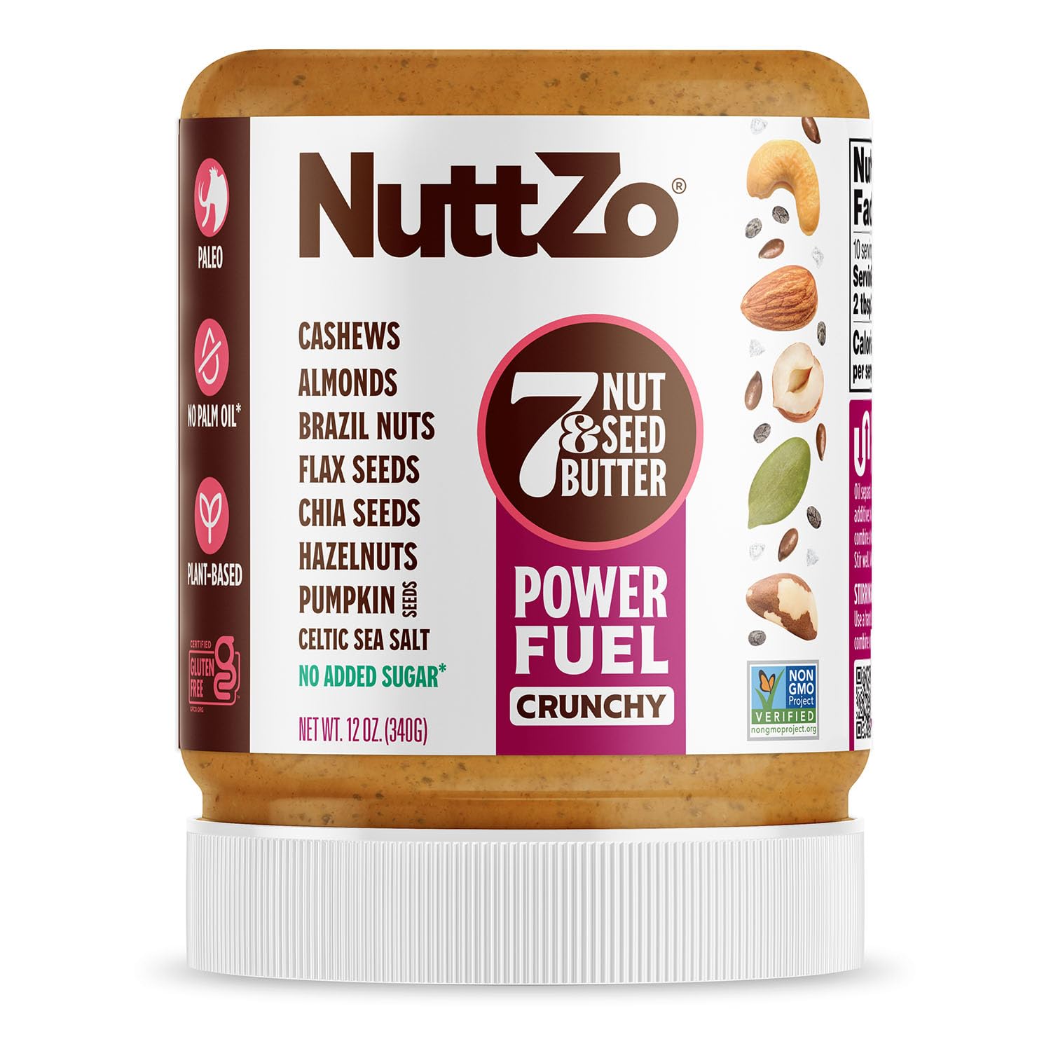 NuttZo Crunchy 7 Nuts & Seeds Butter - Paleo Keto Gluten Peanut-Free Power Fuel, No Sugar/Oil, 12oz