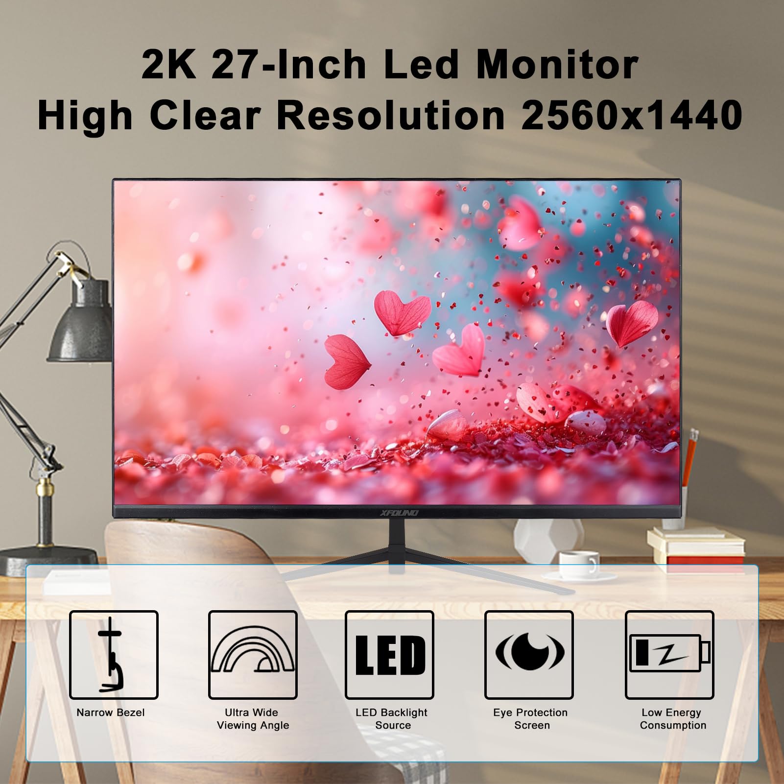 HUIOP Monitor do gier 2K 27 cali LED 2560x1440 165Hz 1ms Monitor na biurko ochrona oczu panel IPS 16:9 o wysokiej przejrzystości 300cd/m2