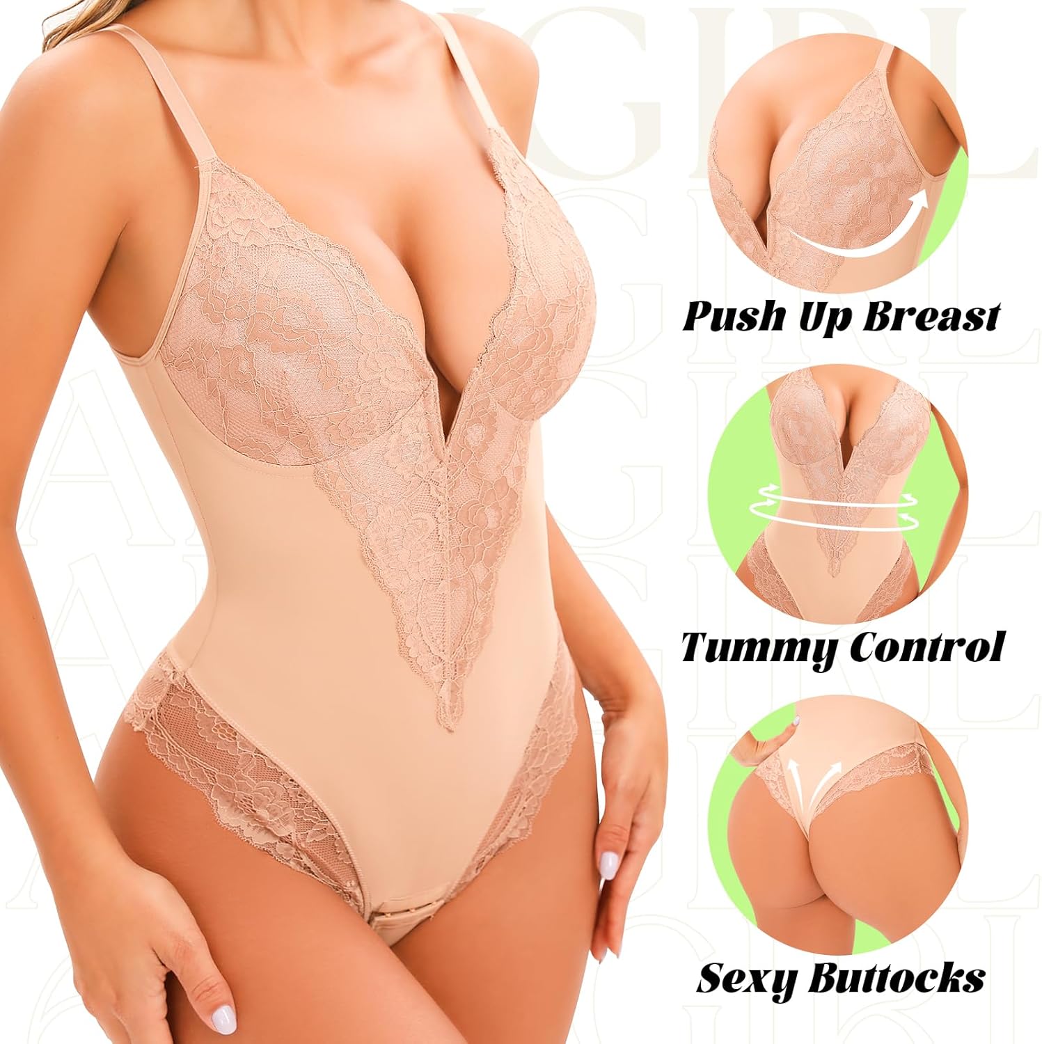 Anygirl Lace Shapewear Bodysuit for Women Tummy Control Full Body Shaperwear V-Neck Sculpting Bodysuit Top Lace Briefer - Image 3