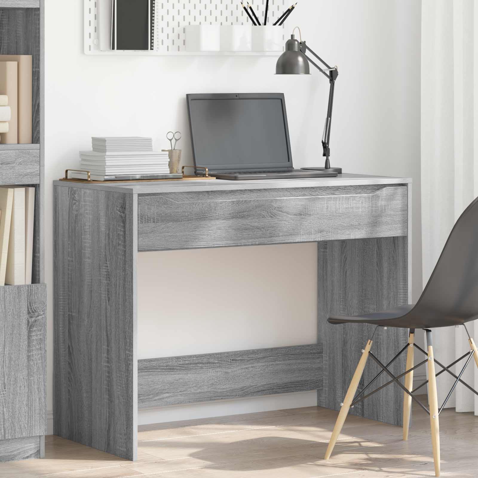 Scrivania grigio Sonoma, 100 x 50 x 78 cm, in legno con cassetto, per casa, ufficio, postazione di lavoro, organizzata, piano di lavoro, tastiera, laptop, monitor